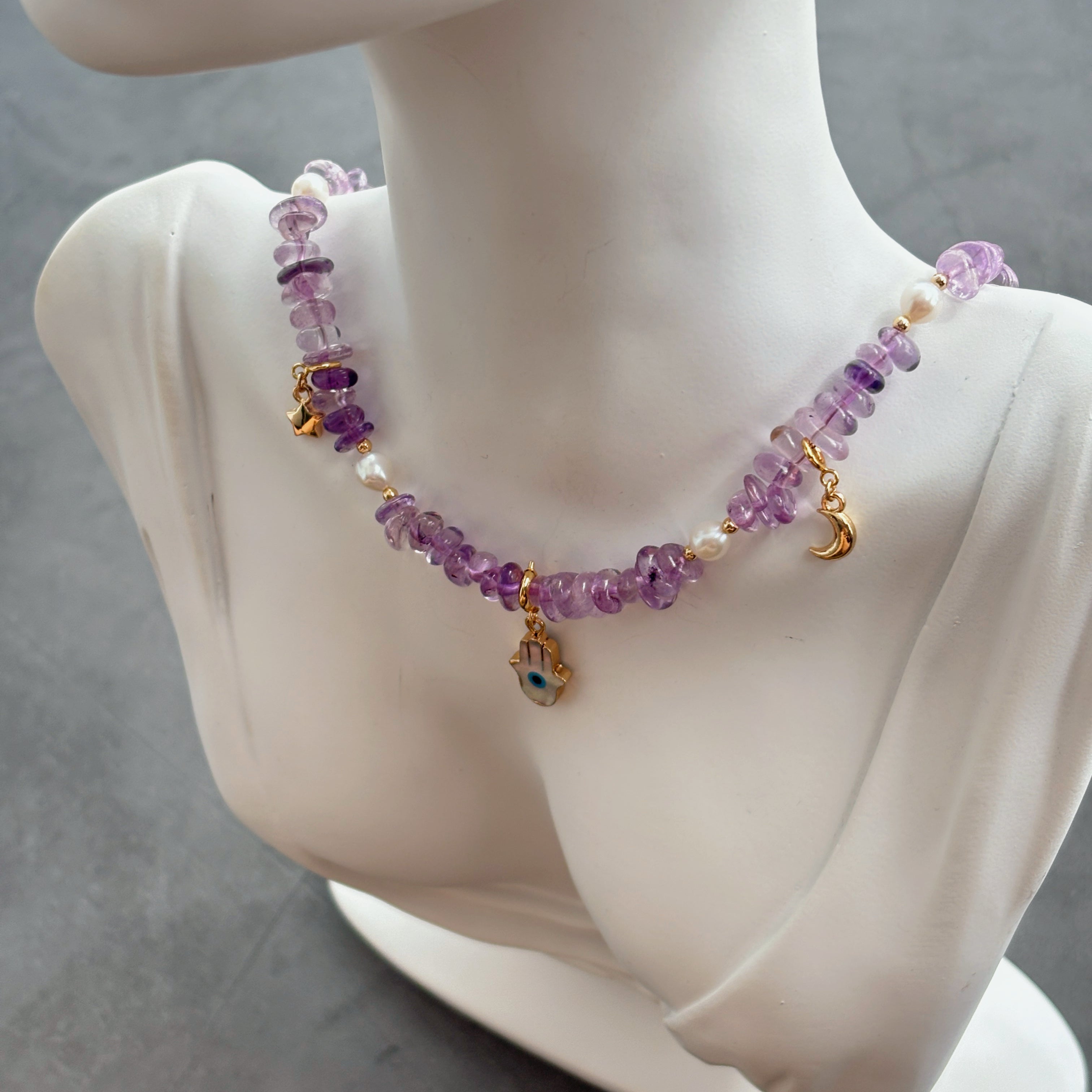 Dream Guardian Amethyst Pearl Hamsa Necklace