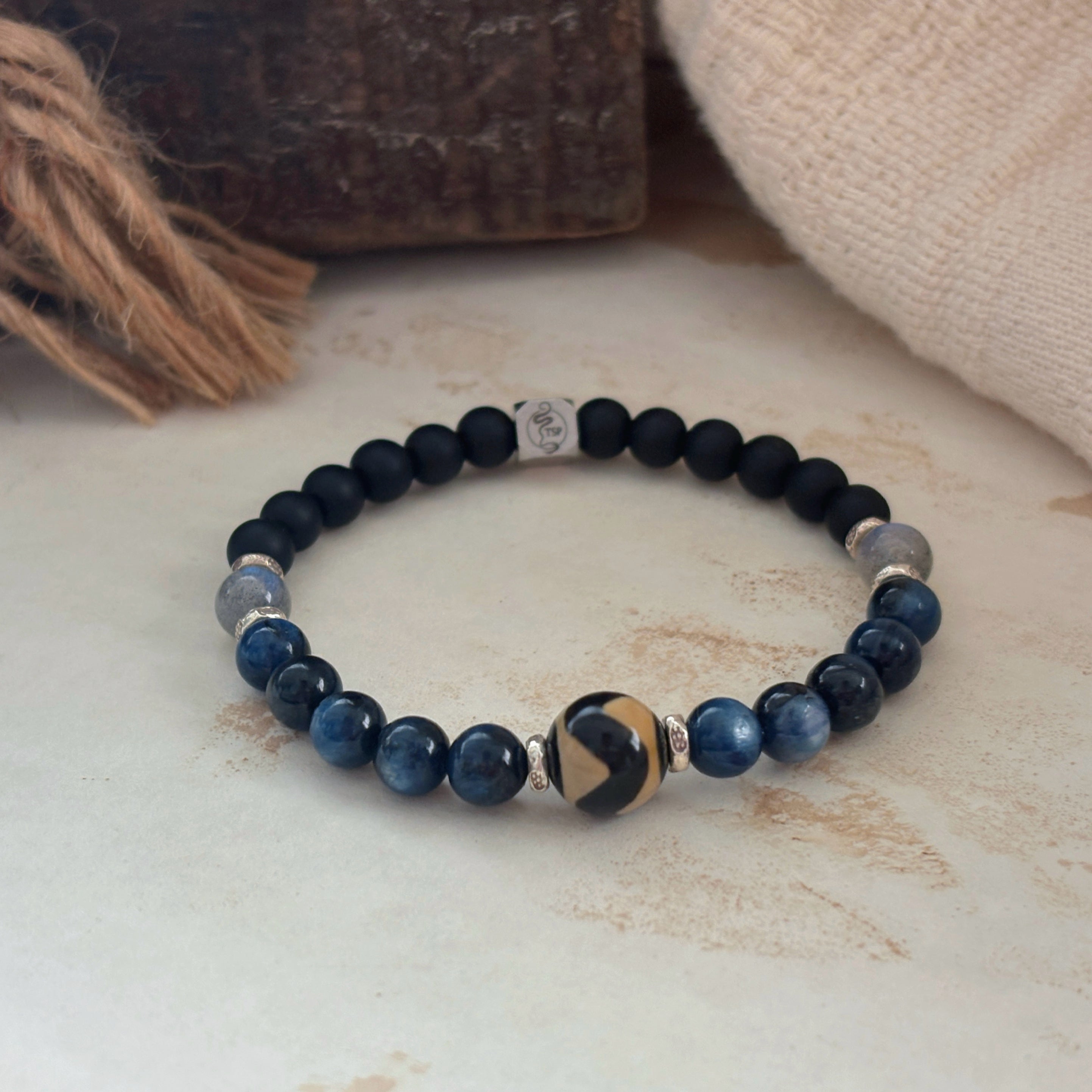 Ring Of Kailash Kyanite Obsidian With Tibetan Dzi Bead Bracelet