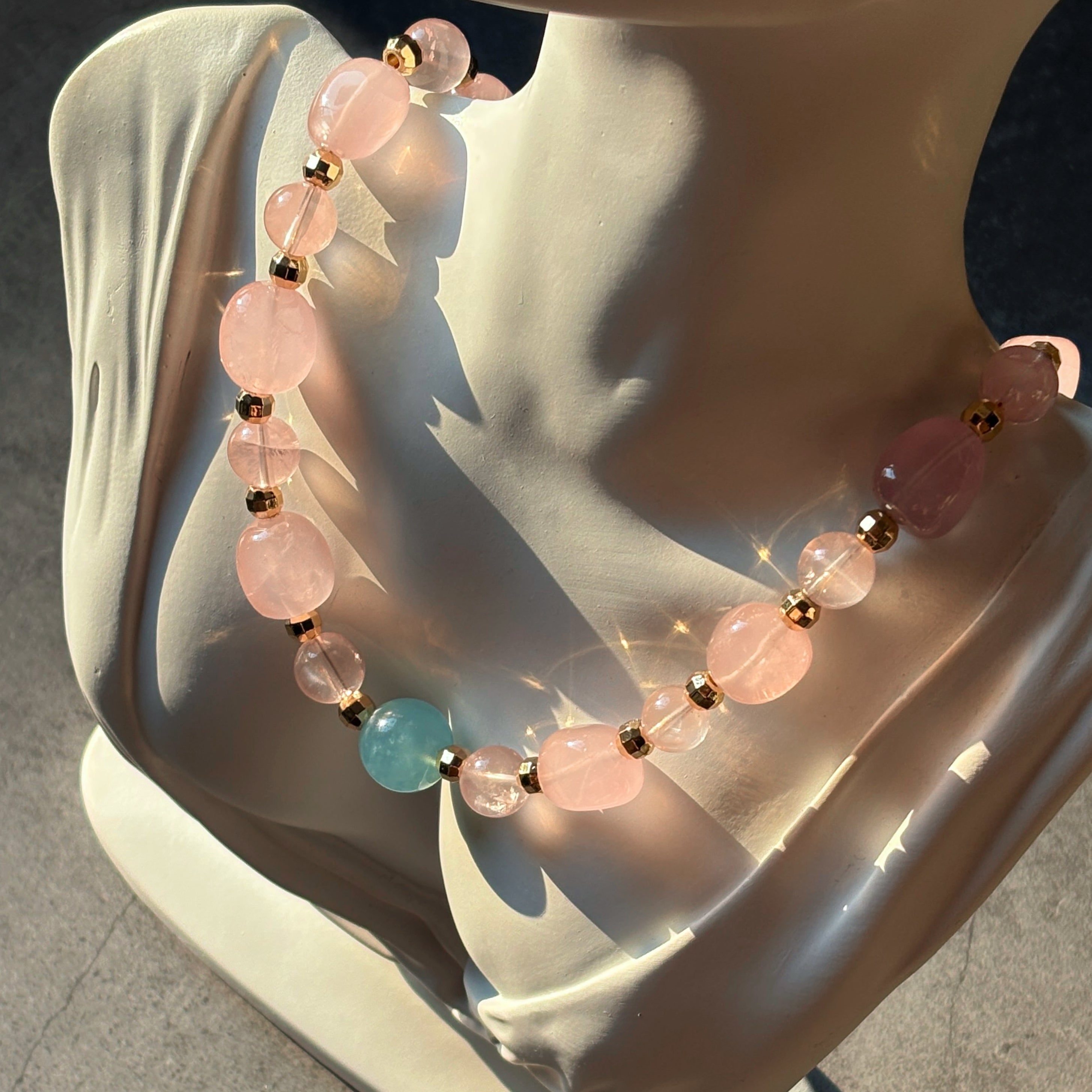 Healing Series Luminous Bloom Rose Quartz Aquamarine Gentle Love Necklace
