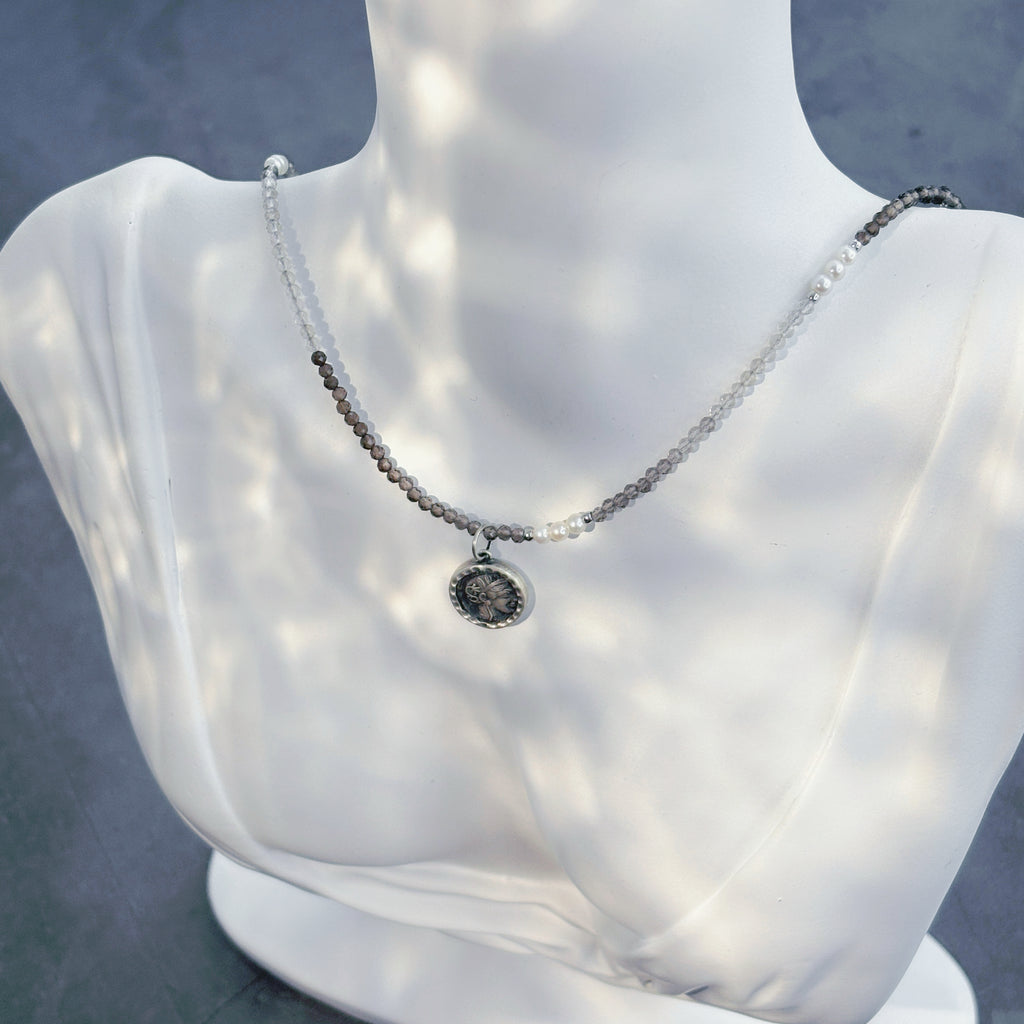 Athena’s Grace Smoky Quartz Pearl Ancient Silver Coin Wisdom Necklace