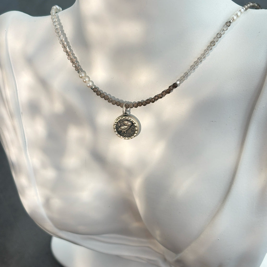 Athena’s Grace Smoky Quartz Pearl Ancient Silver Coin Wisdom Necklace