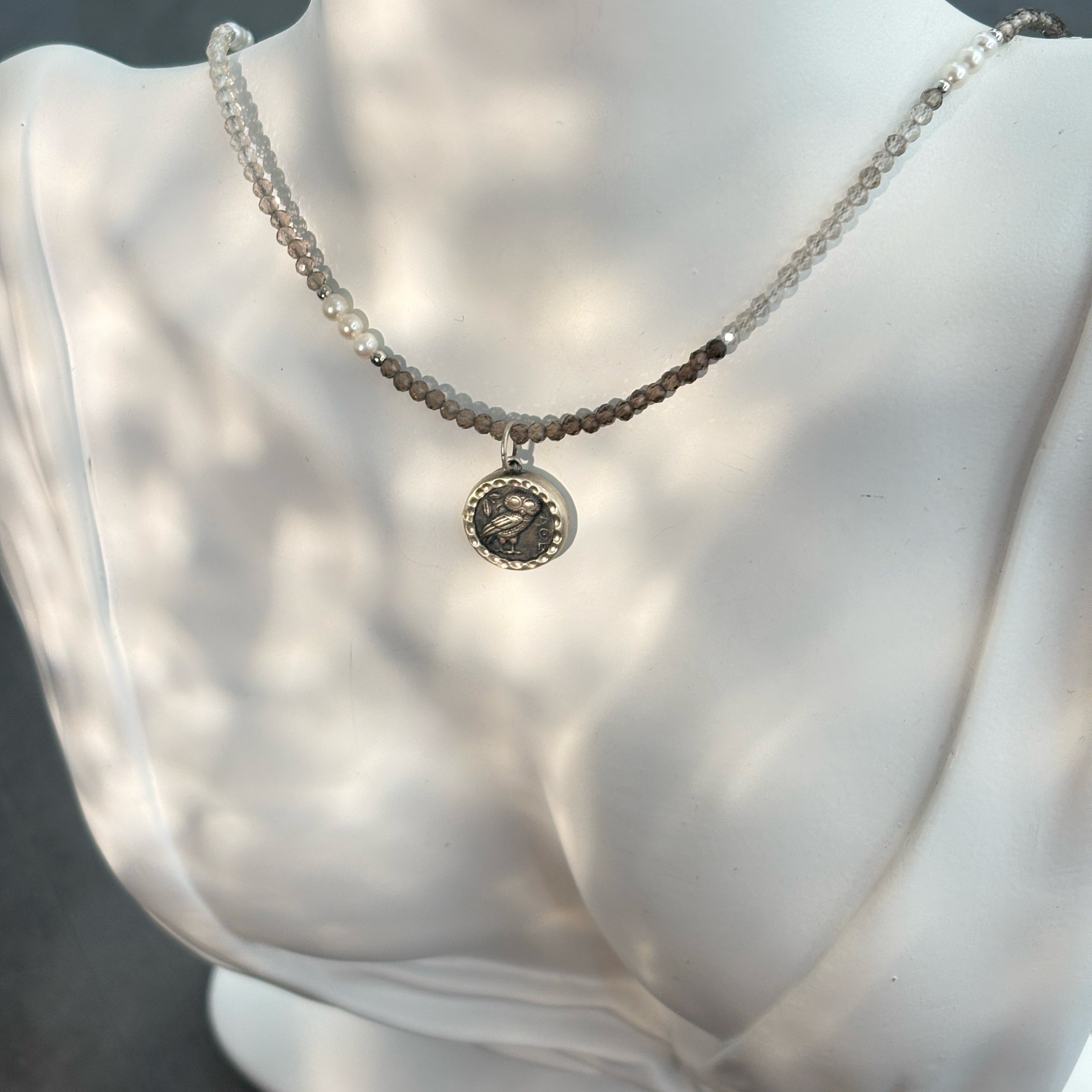 Athena’s Grace Smoky Quartz Pearl Ancient Silver Coin Wisdom Necklace