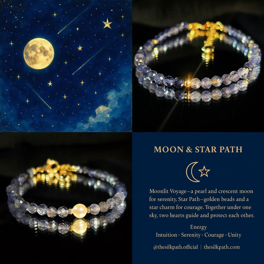 Moon & Star Path Faceted Iolite Crystal Couple Bracelets