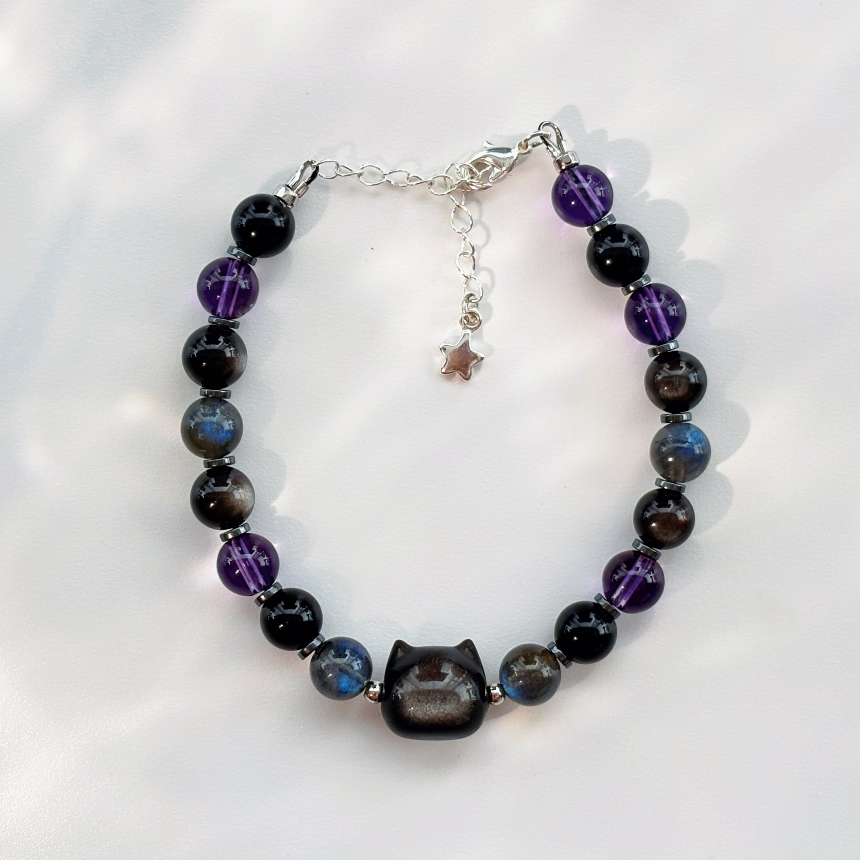 Black Cat Obsidian Amethyst Labradorite Crystal Bracelet