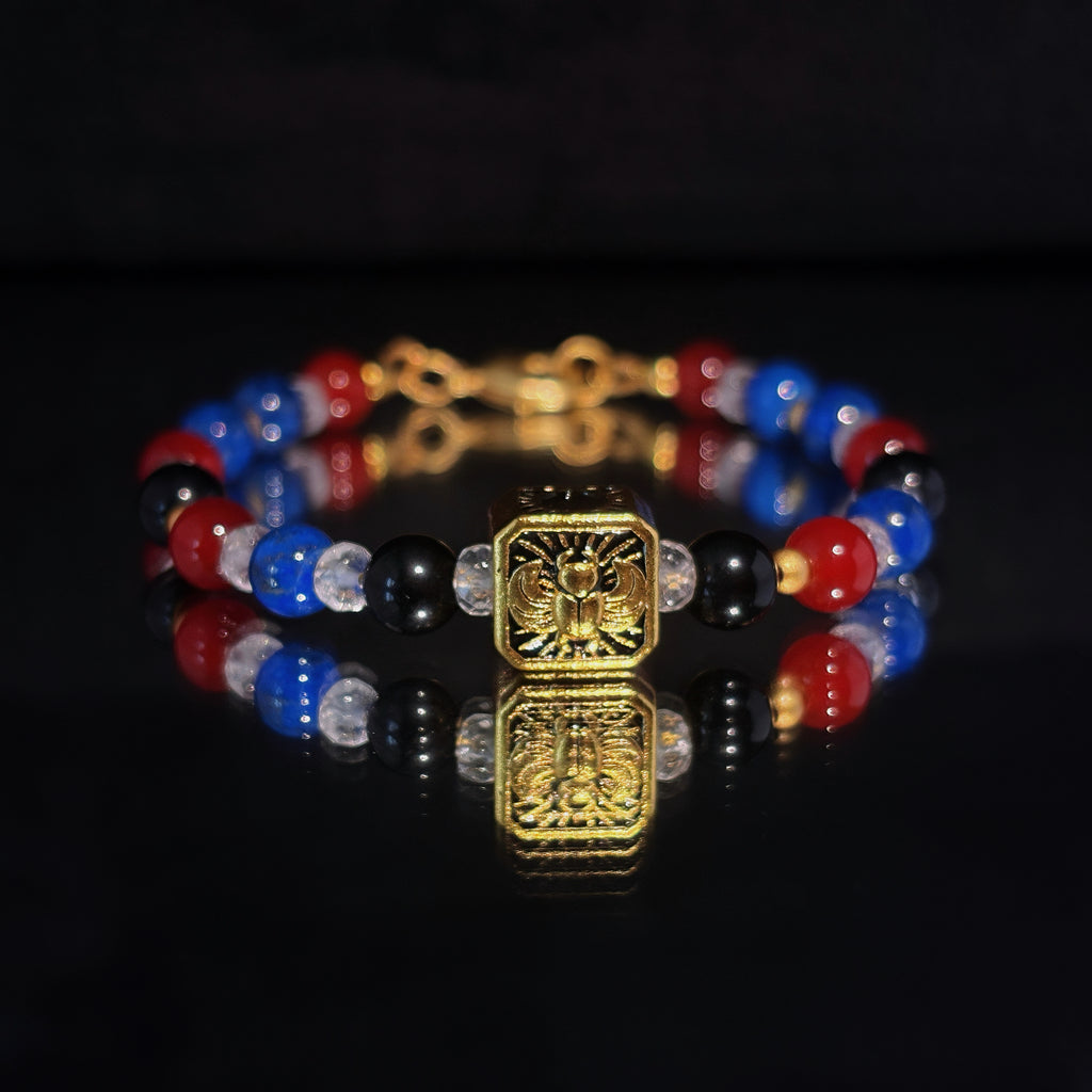Scarab Power Lapis Lazuli Carnelian Clear Quartz Bracelet