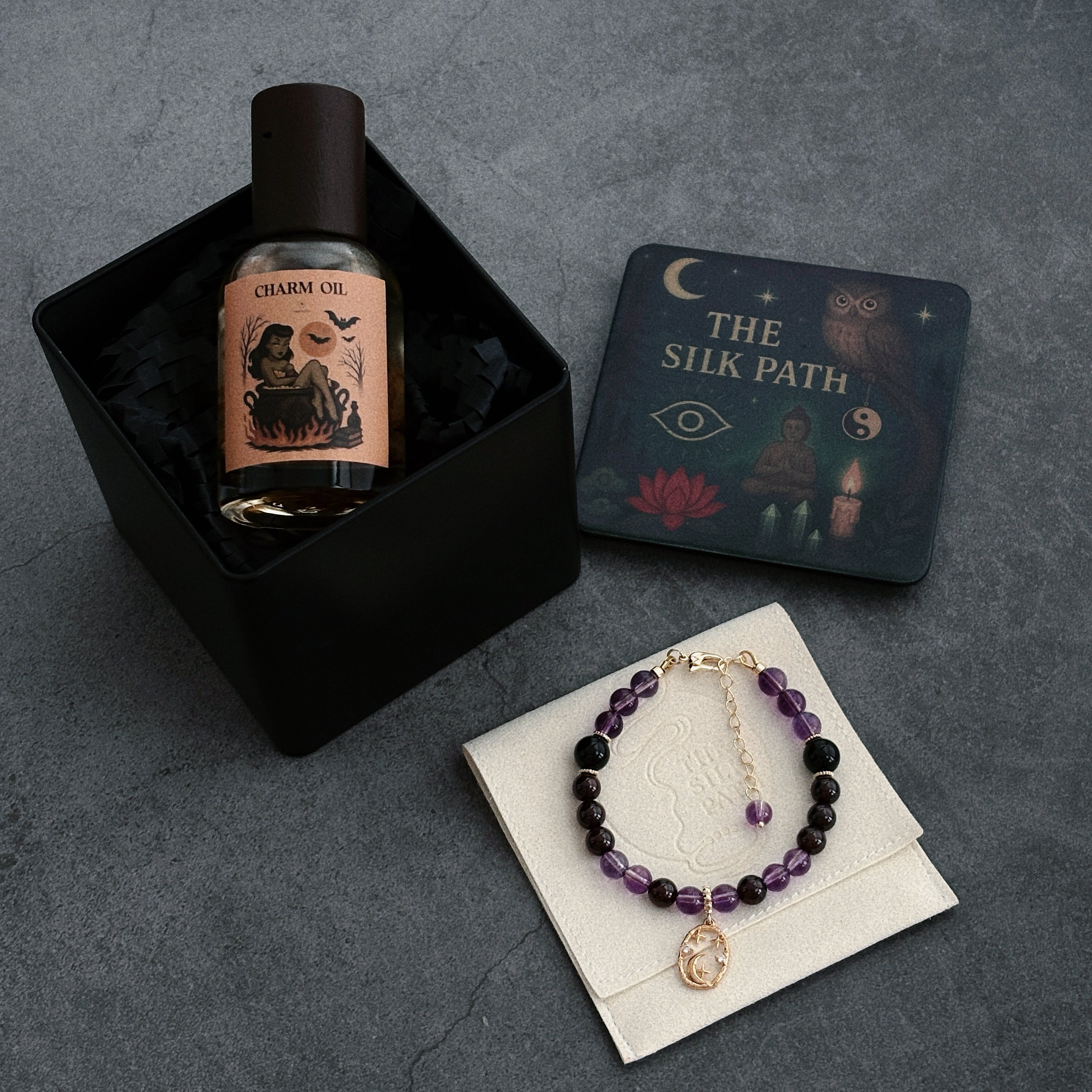 Charm Ritual Set Amethyst Bracelet & Feminine Oil