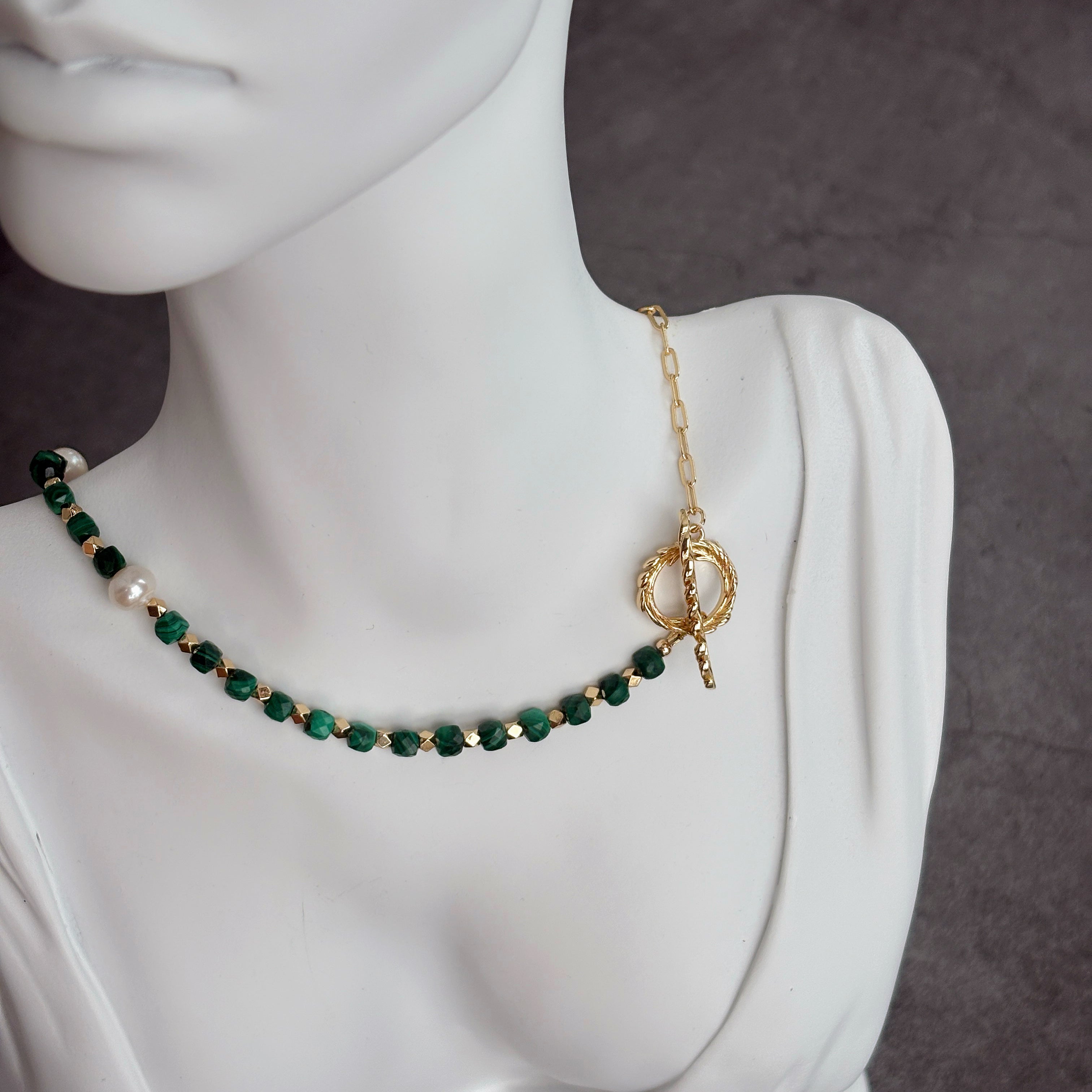 Lotus & Plume Faceted Malachite Pearl Transformation Necklace
