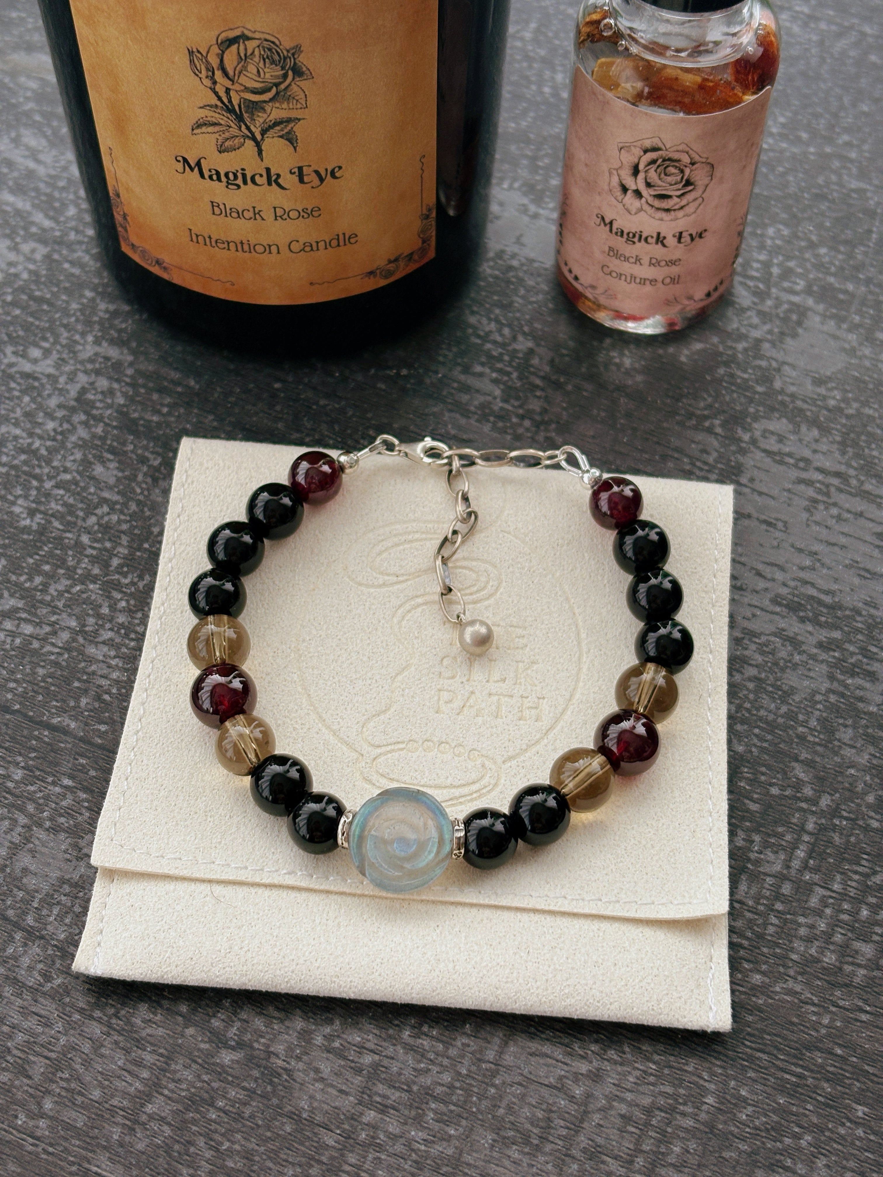 Black Rose Obsidian Labradorite Rose Carving Bracelet