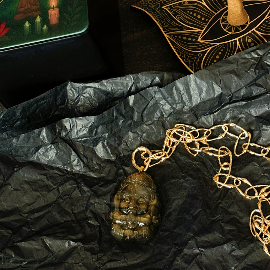 Sentinel Hand Carved Shadow and Light Ganesha Labradorite Pendant