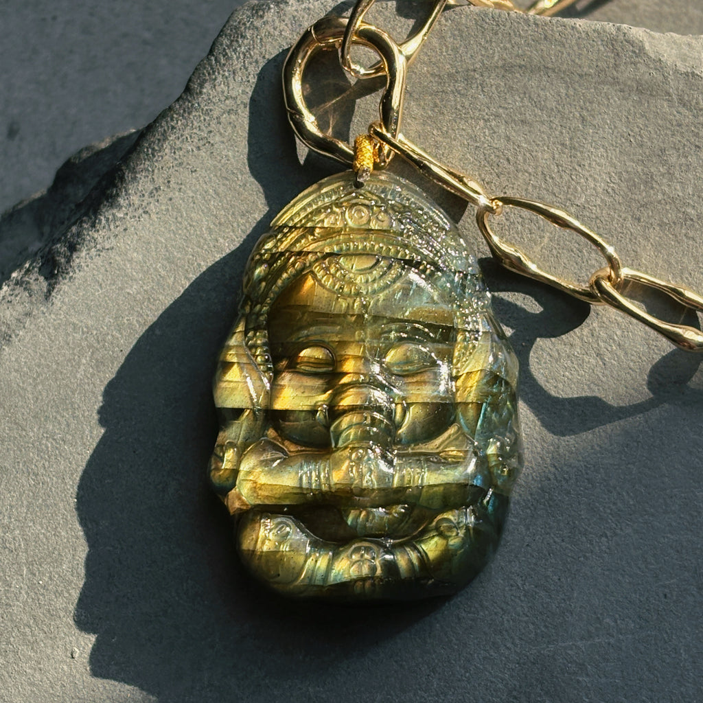 Sentinel Hand Carved Shadow and Light Ganesha Labradorite Pendant