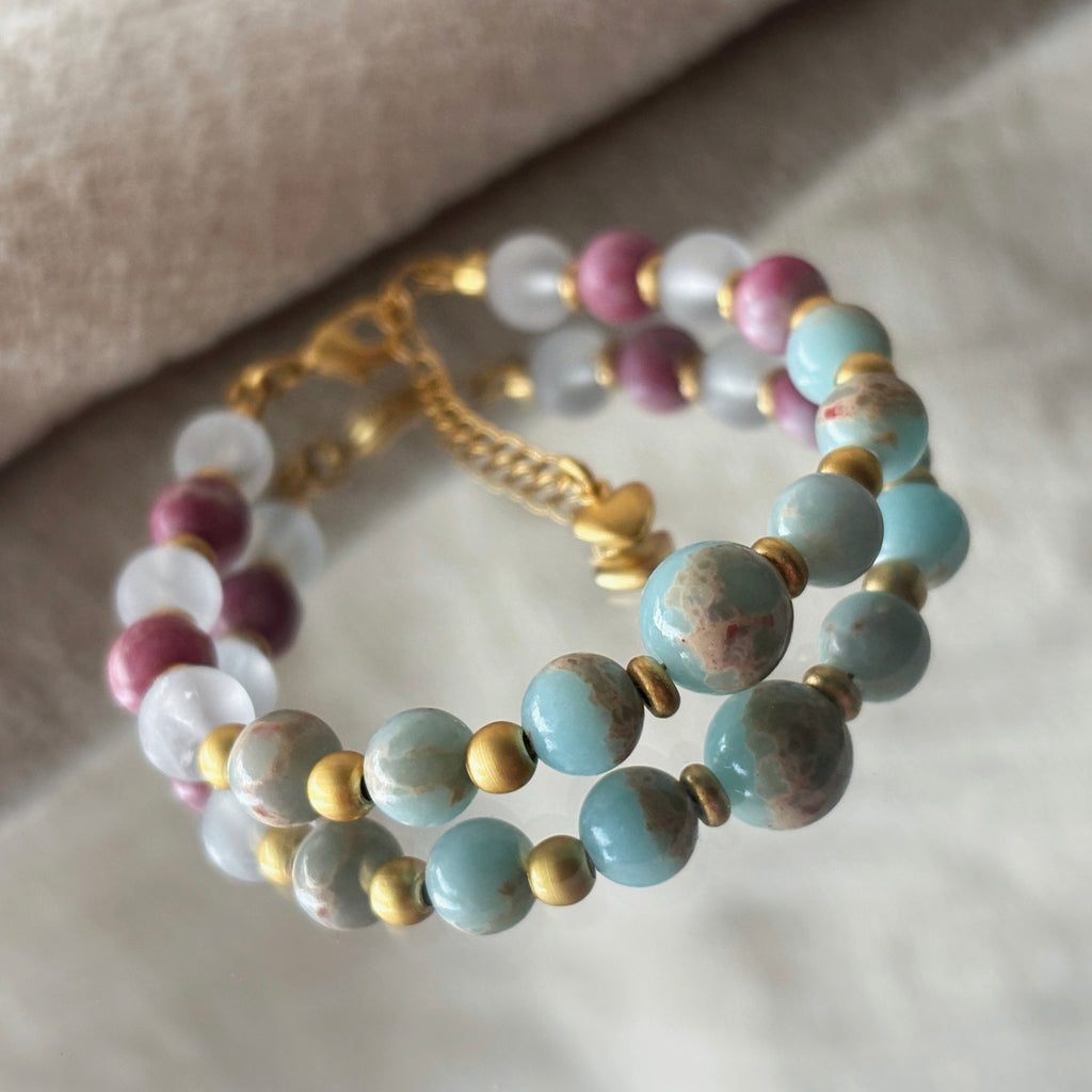 Lotus In The Desert Aqua Terra Jasper Rhodonite Crystal Stillness Bracelet