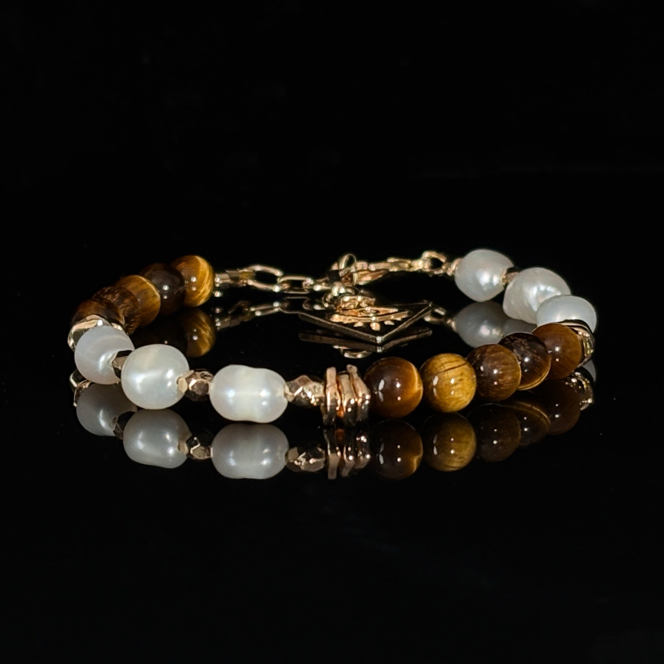 Spiritual Animal Tiger Eye Pearl Evil Eye Talisman Gentle Strength Bracelet