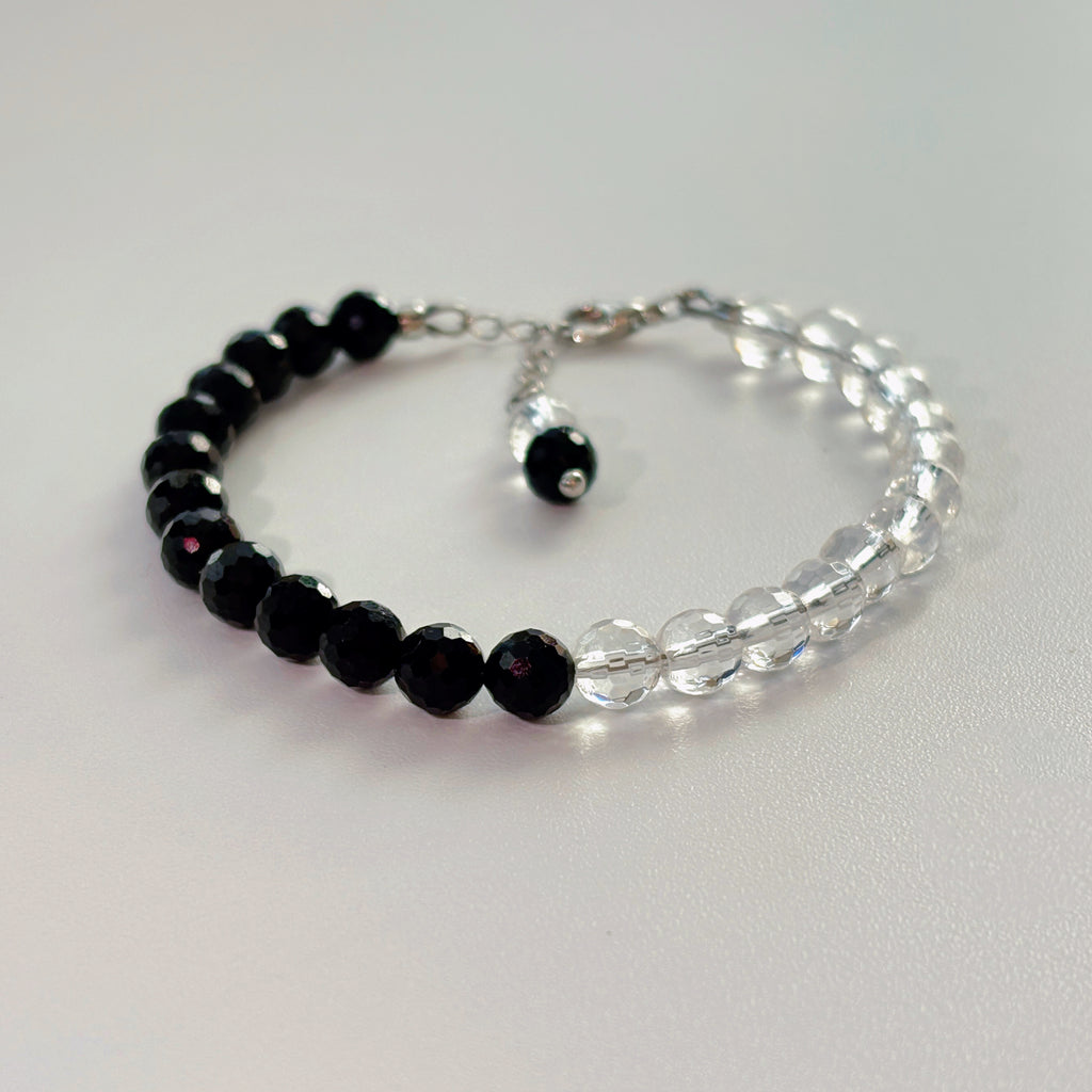 Yin & Yang Faceted Black Tourmaline Clear Quartz Balance Bracelet