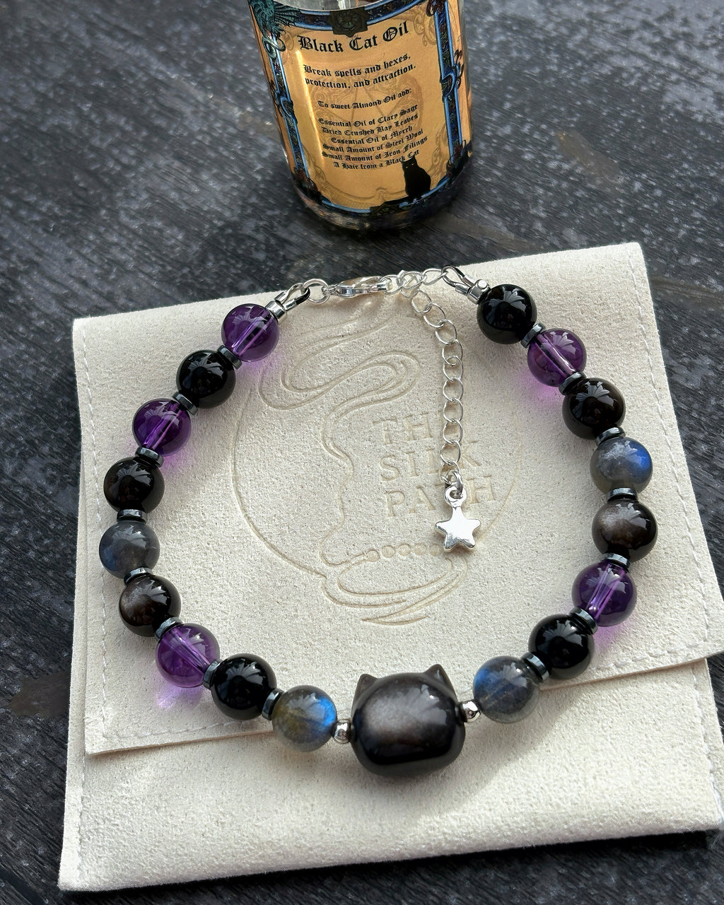 Black Cat Obsidian Amethyst Labradorite Crystal Bracelet