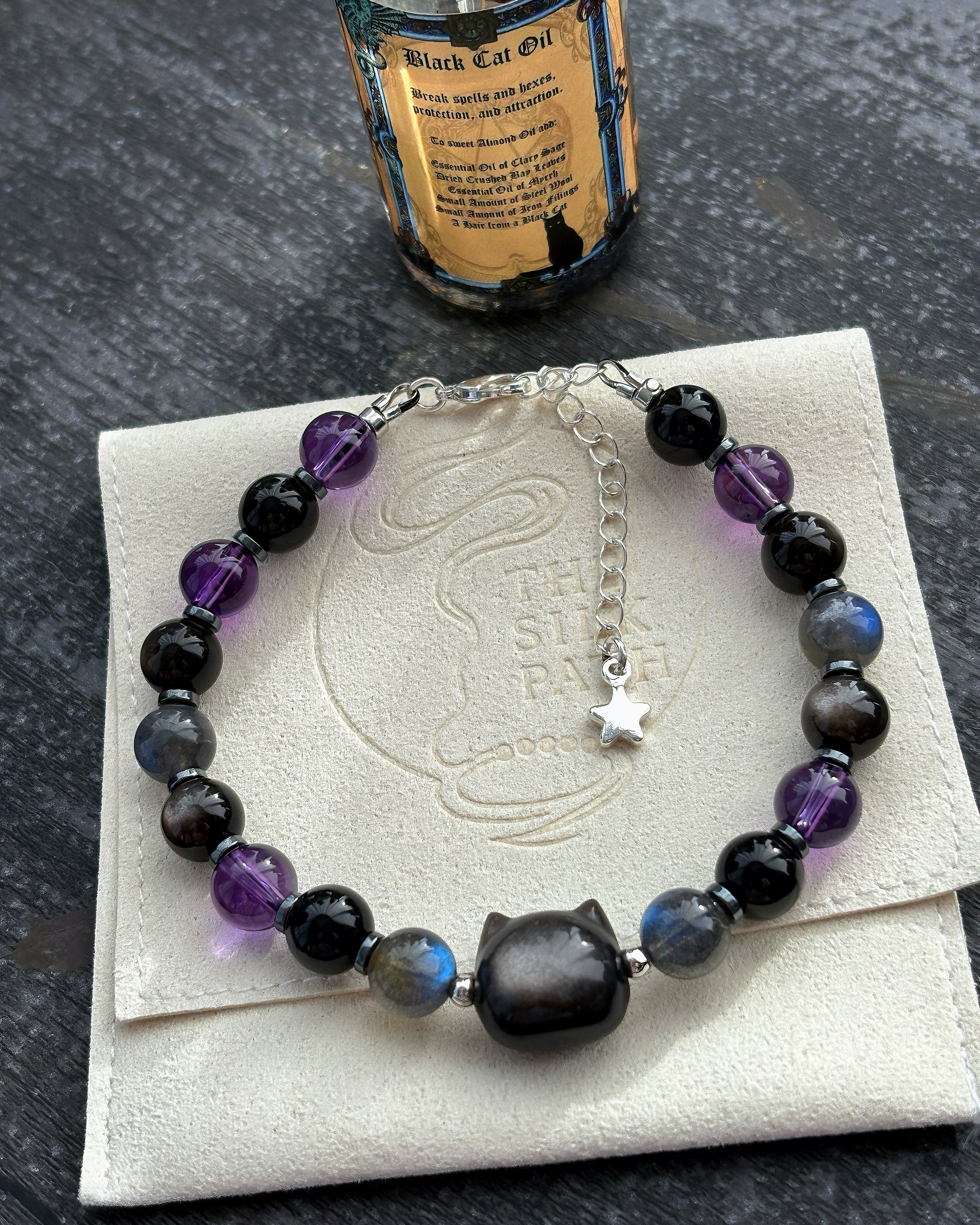 Black Cat Obsidian Amethyst Labradorite Crystal Bracelet