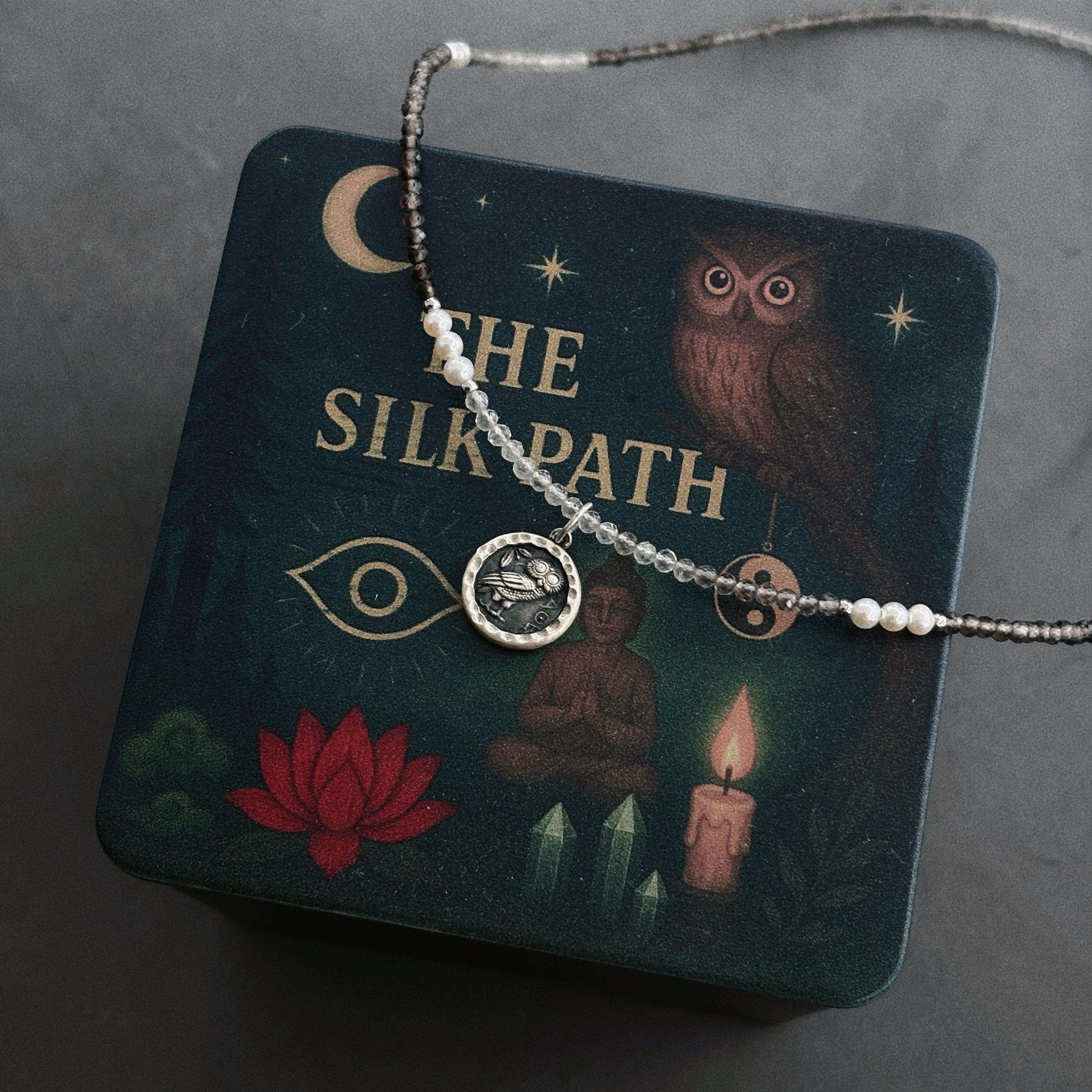 Athena’s Grace Smoky Quartz Pearl Ancient Silver Coin Wisdom Necklace