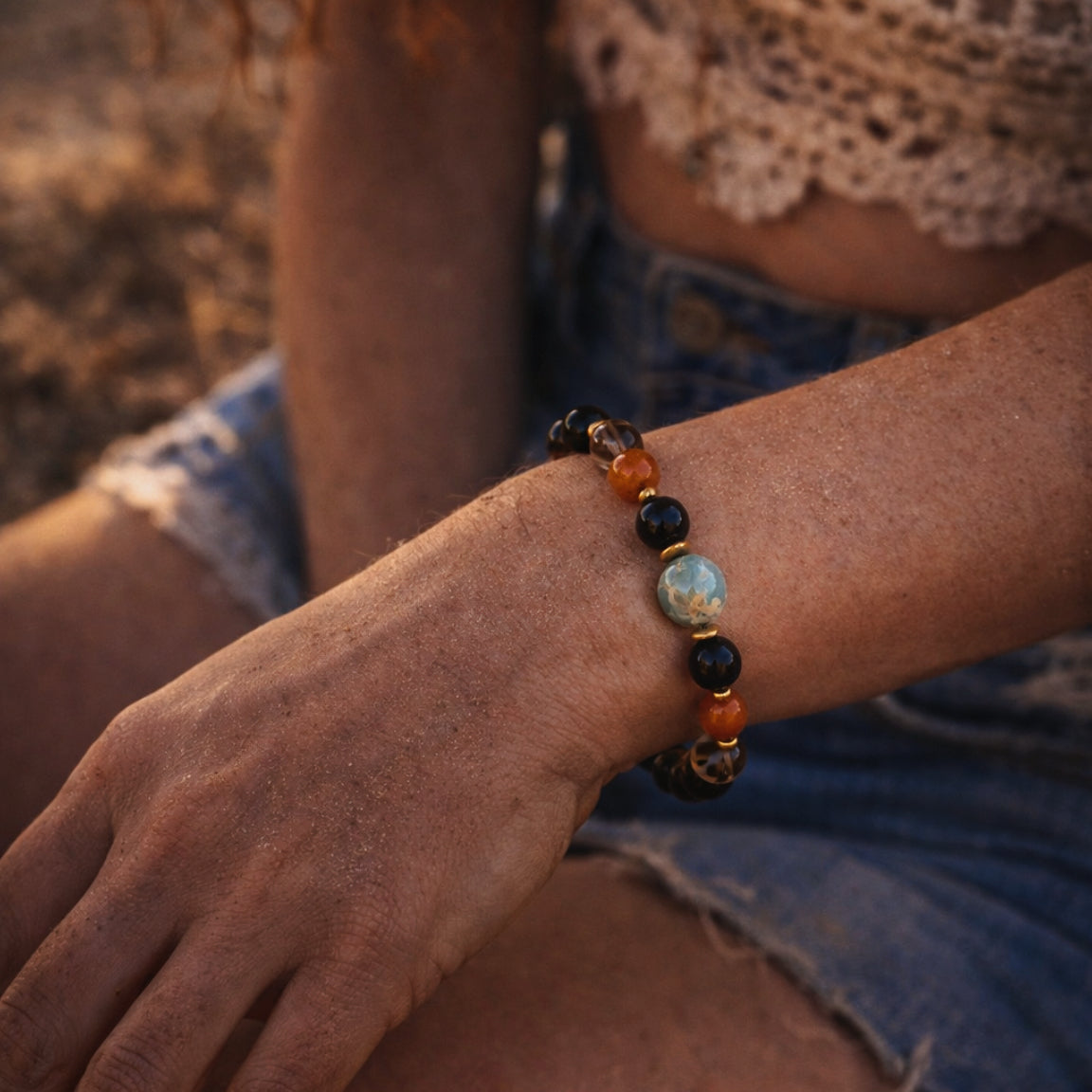 Silk Road Relic Guardian of a Thousand Buddhas Obsidian Smoky Quartz Topaz Bracelet