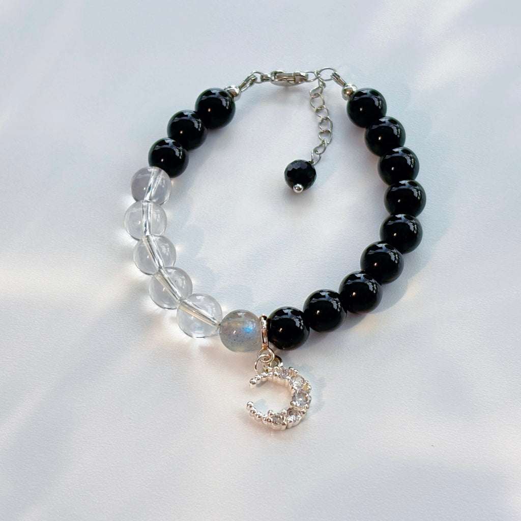 Solar Yang × Lunar Yin Black Onyx Obsidian Clear Quartz & Blue Labradorite Couple Bracelets