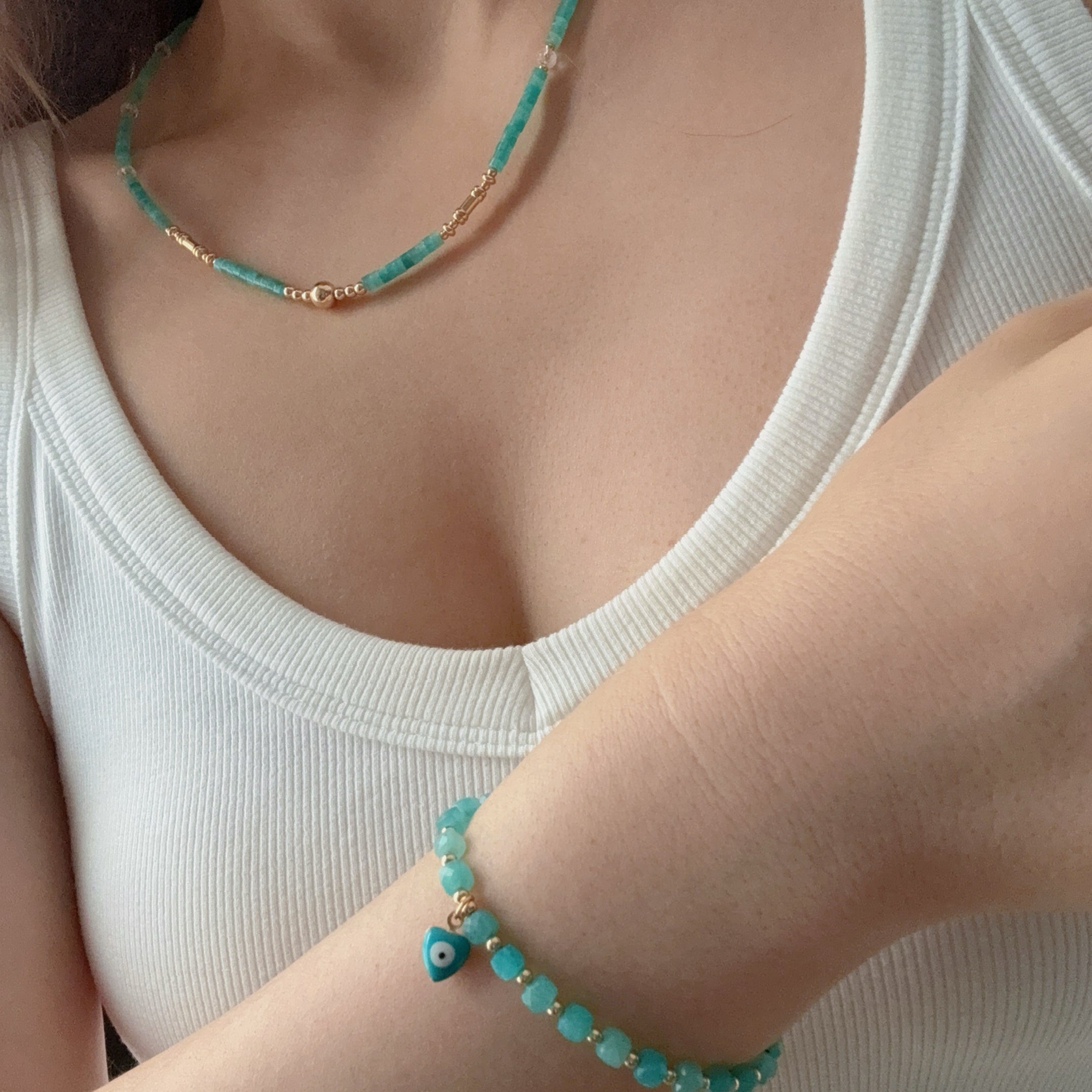 Azure Guardian Amazonite with Evil-Eye Charm Bracelet