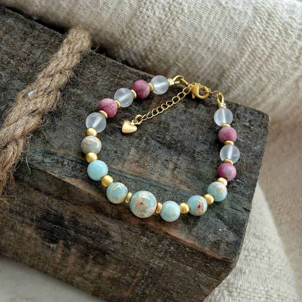 Lotus In The Desert Aqua Terra Jasper Rhodonite Crystal Stillness Bracelet
