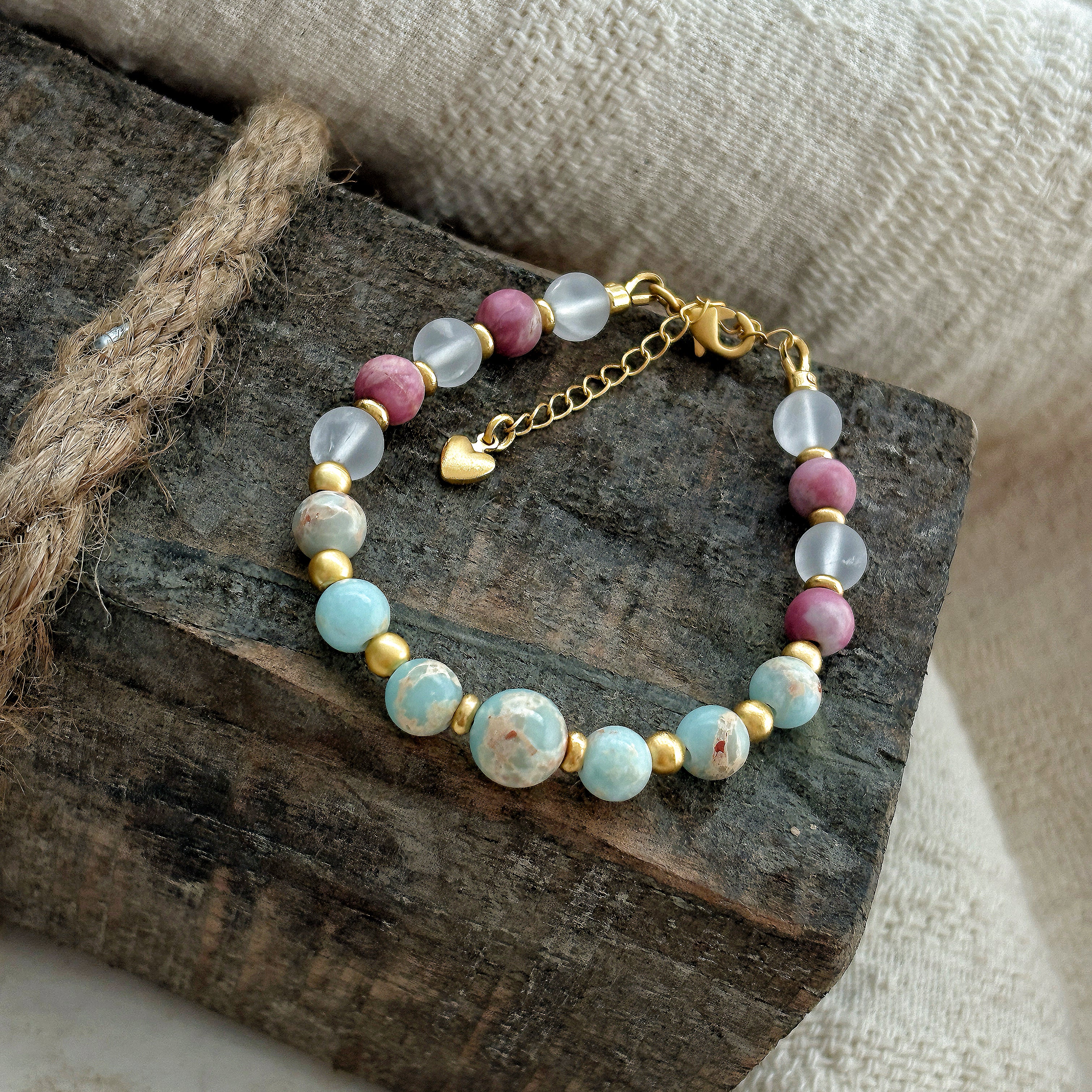 Lotus In The Desert Aqua Terra Jasper Rhodonite Crystal Stillness Bracelet