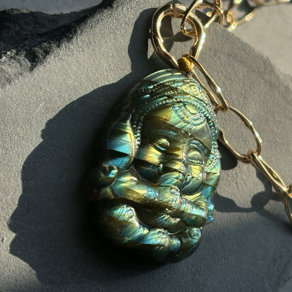 Sentinel Hand Carved Shadow and Light Ganesha Labradorite Pendant