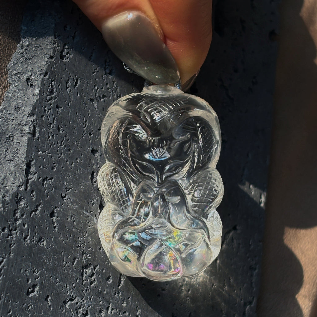 Spiritual Animal Hand Carved Rainbow Quartz Fox Serpent Talisman Pendant