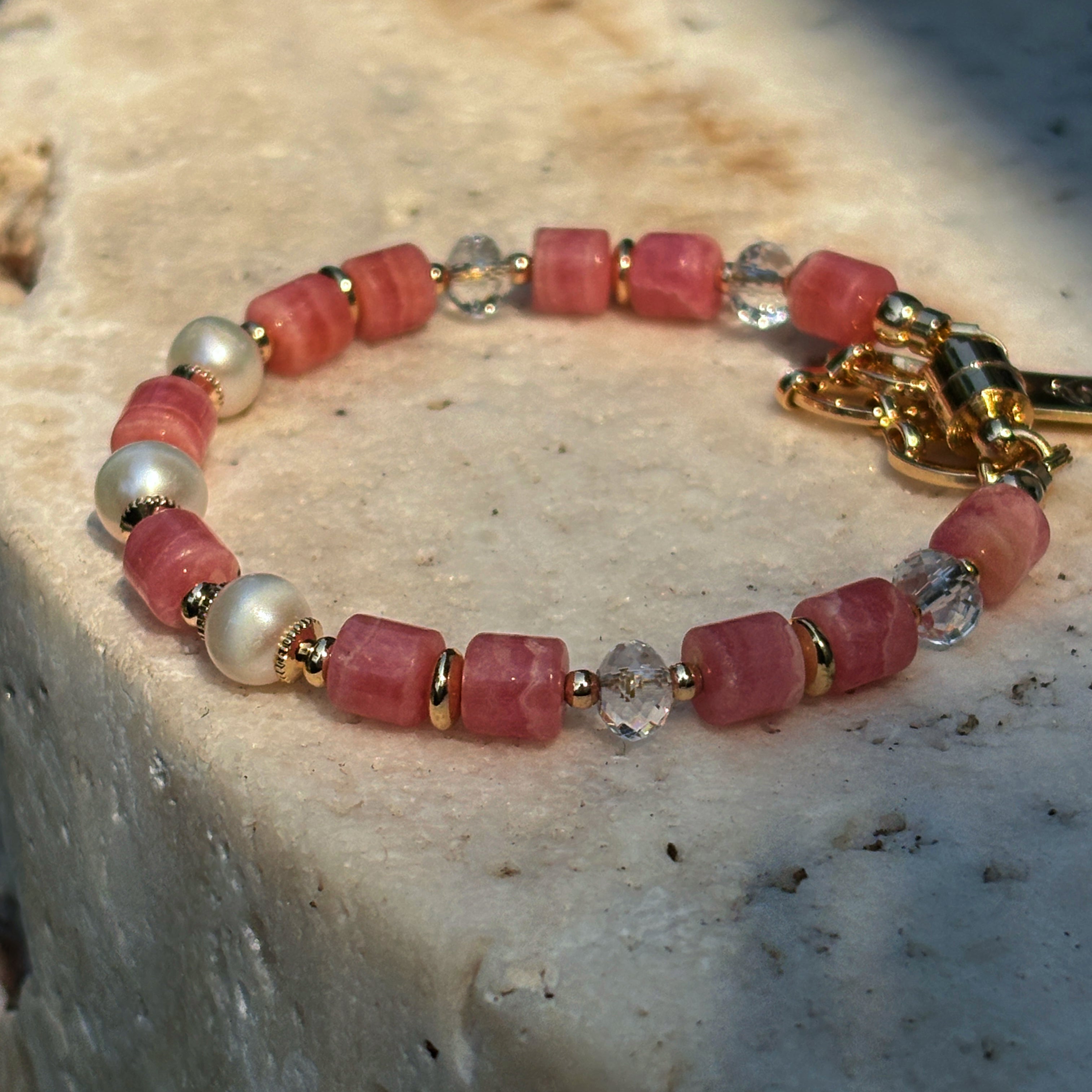 Healing Series Rose Empress Rhodochrosite Pearl Clear Quartz Bracelet