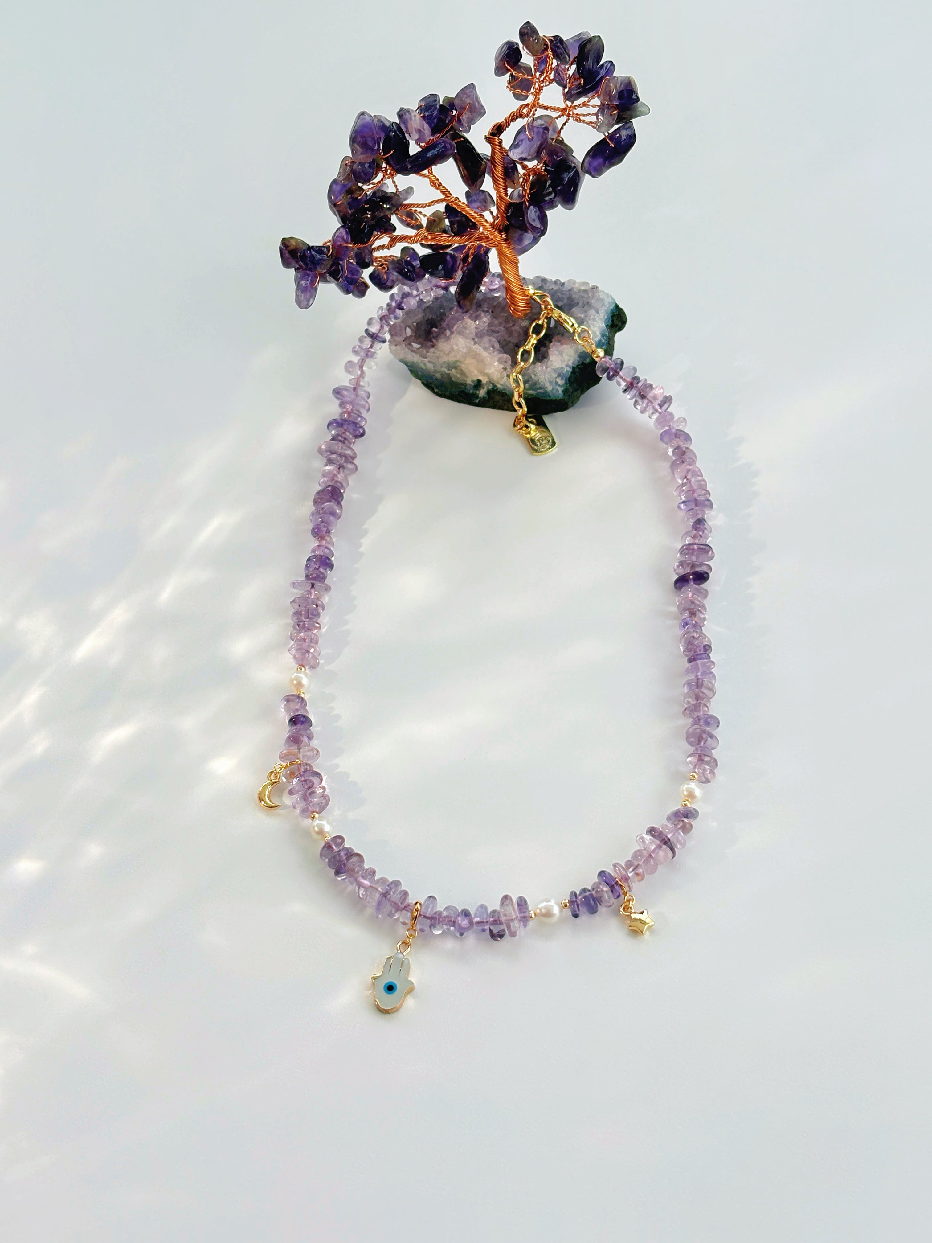 Dream Guardian Amethyst Pearl Hamsa Necklace