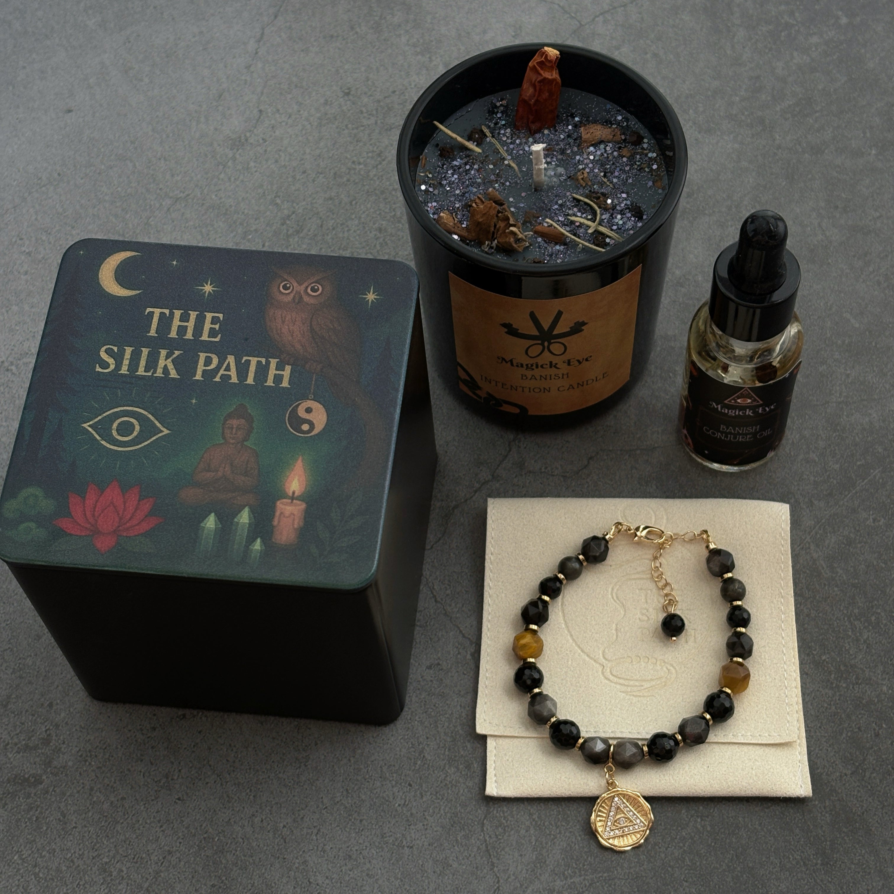 Banish Ritual Set  Candle, Botanical Oil & Crystal Bracelet
