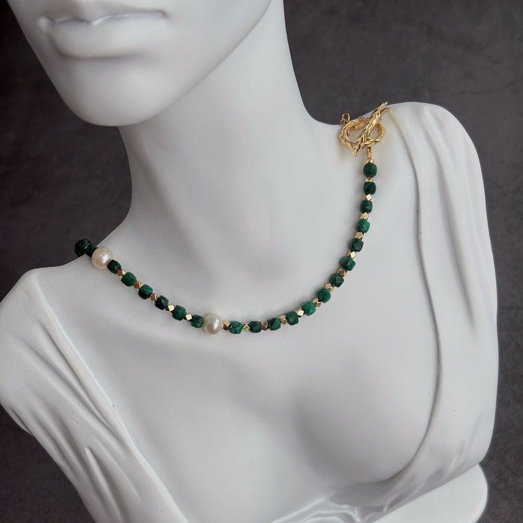 Lotus & Plume Faceted Malachite Pearl Transformation Necklace