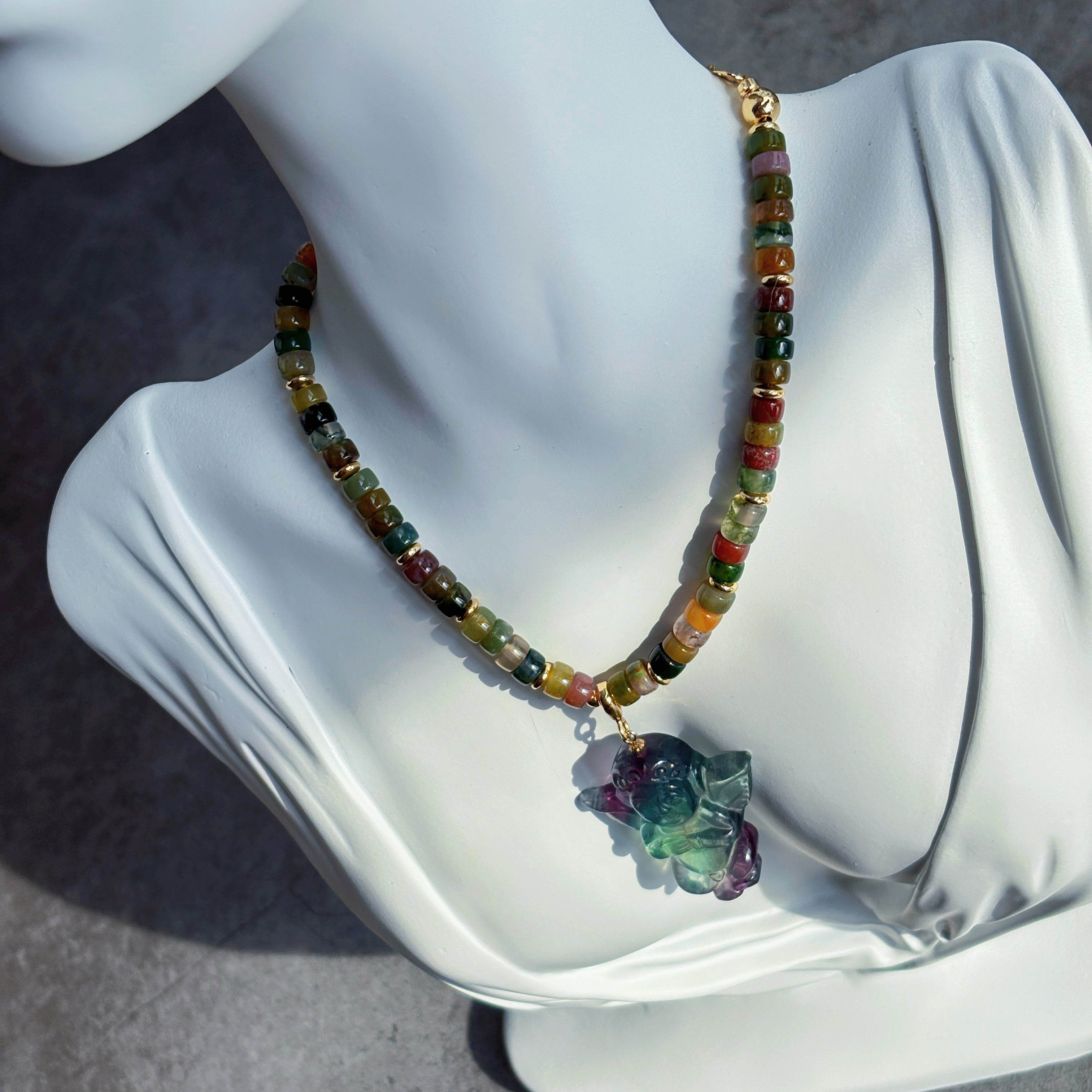 Forest Guardian Angel Moss Agate Fluorite Crystal Necklace