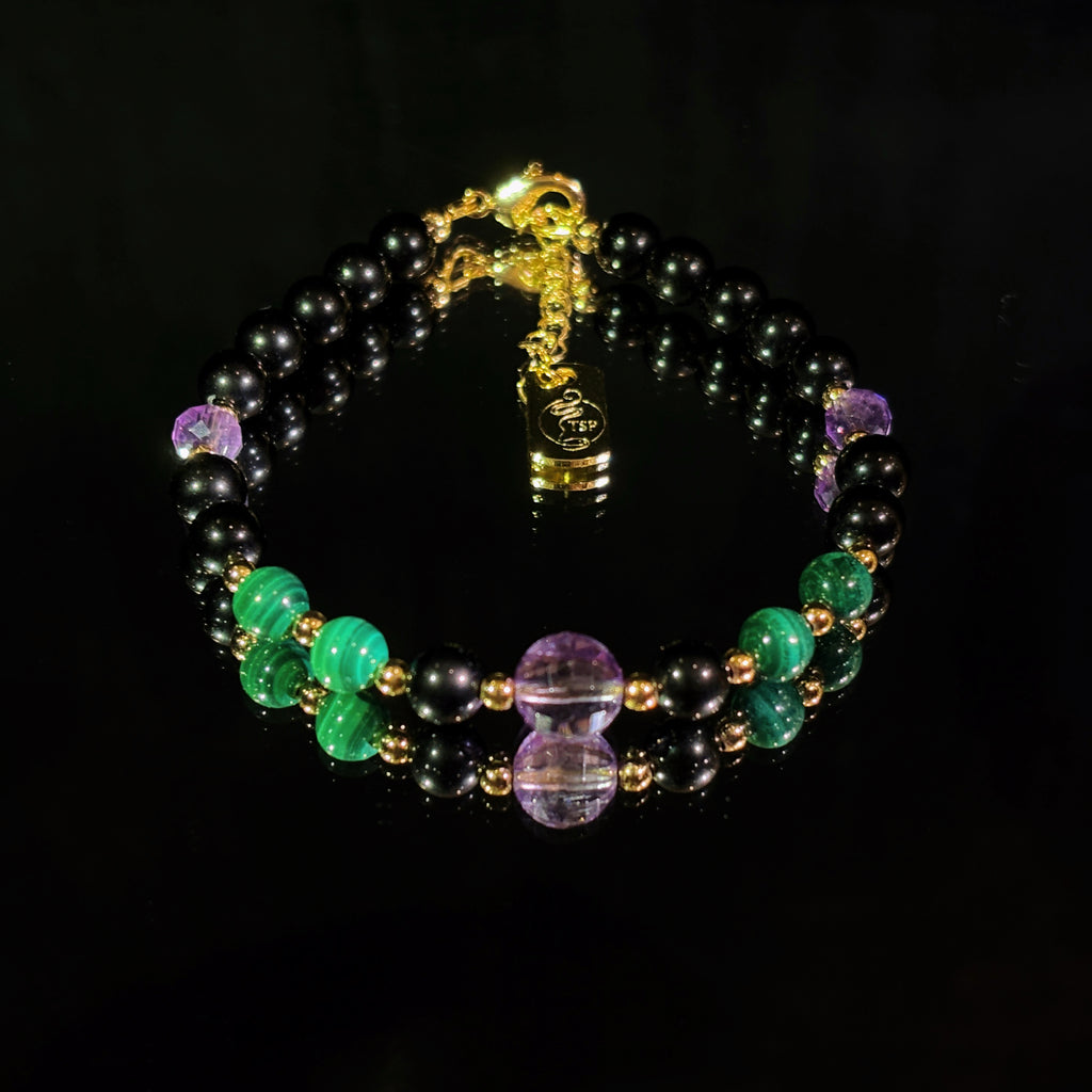 Mystic Night Obsidian Faceted Amethyst Malachite Bracelet