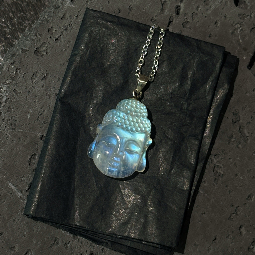 Moonveil Buddha Gemstone-grade blue moonstone Pedant