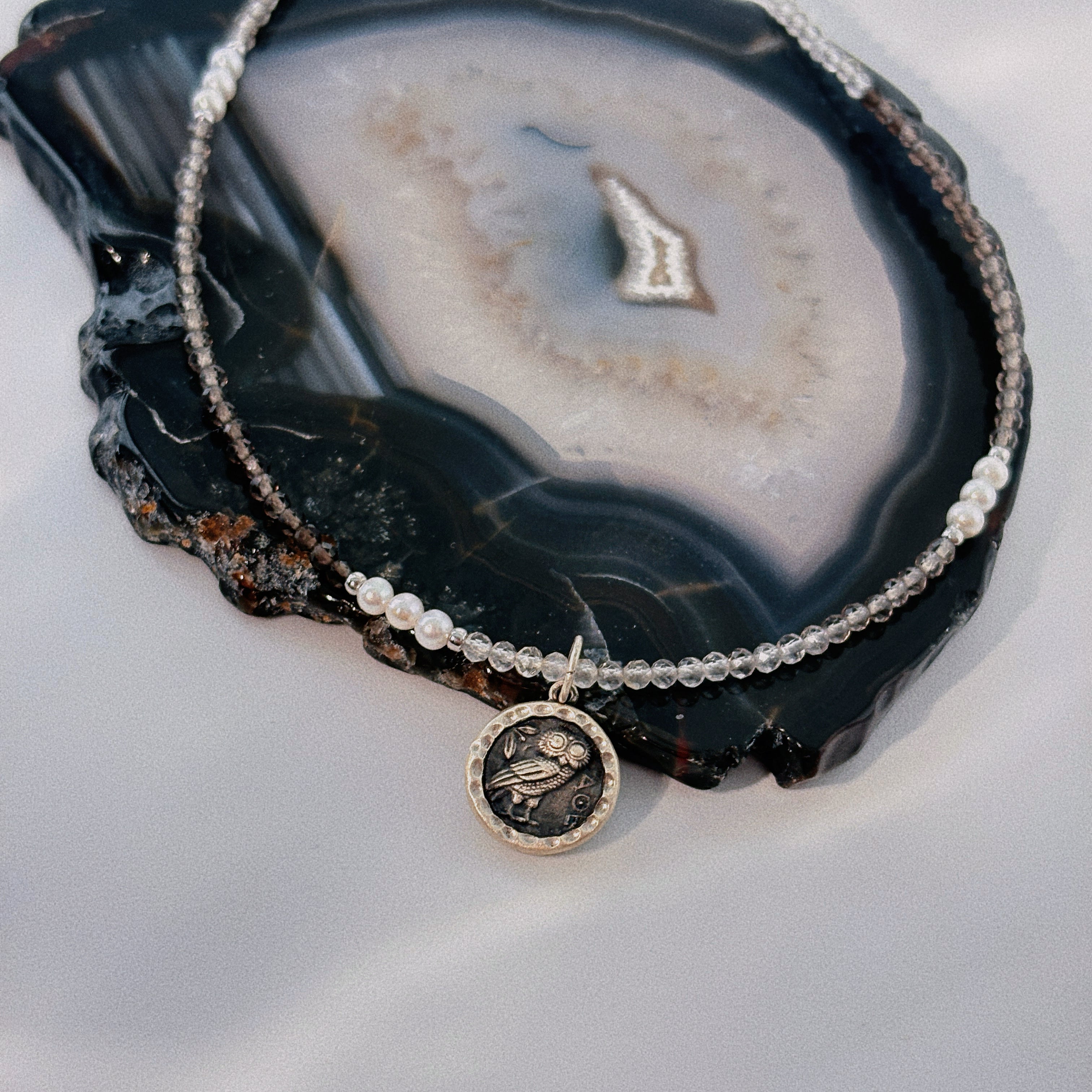 Athena’s Grace Smoky Quartz Pearl Ancient Silver Coin Wisdom Necklace