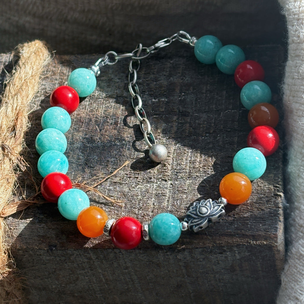 Mystic Himalayan Radiance of Manasarovar Amazonite Cinnabar Yellow Jade Bracelet