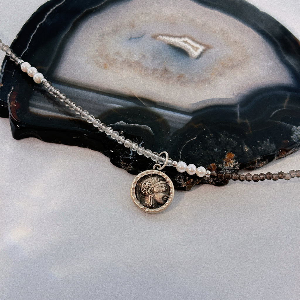 Athena’s Grace Smoky Quartz Pearl Ancient Silver Coin Wisdom Necklace