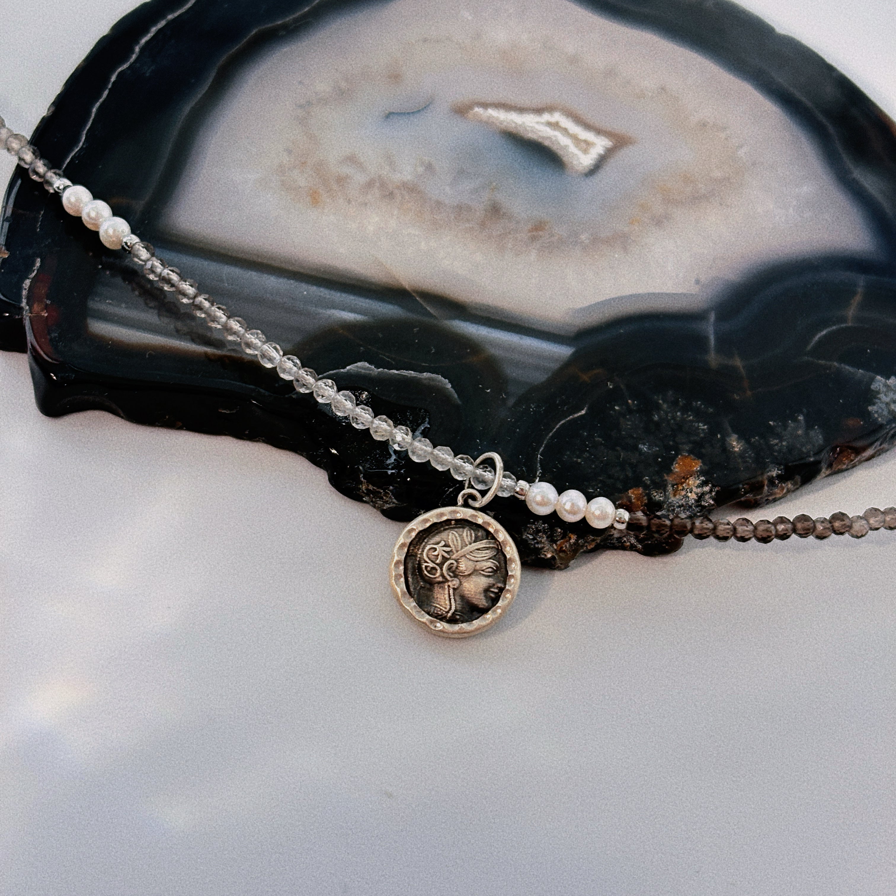 Athena’s Grace Smoky Quartz Pearl Ancient Silver Coin Wisdom Necklace