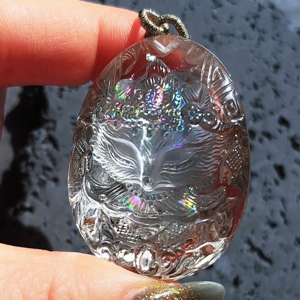 Spiritual Animal Fox King Hand Carved Rainbow Clear Quartz Talisman Pendant