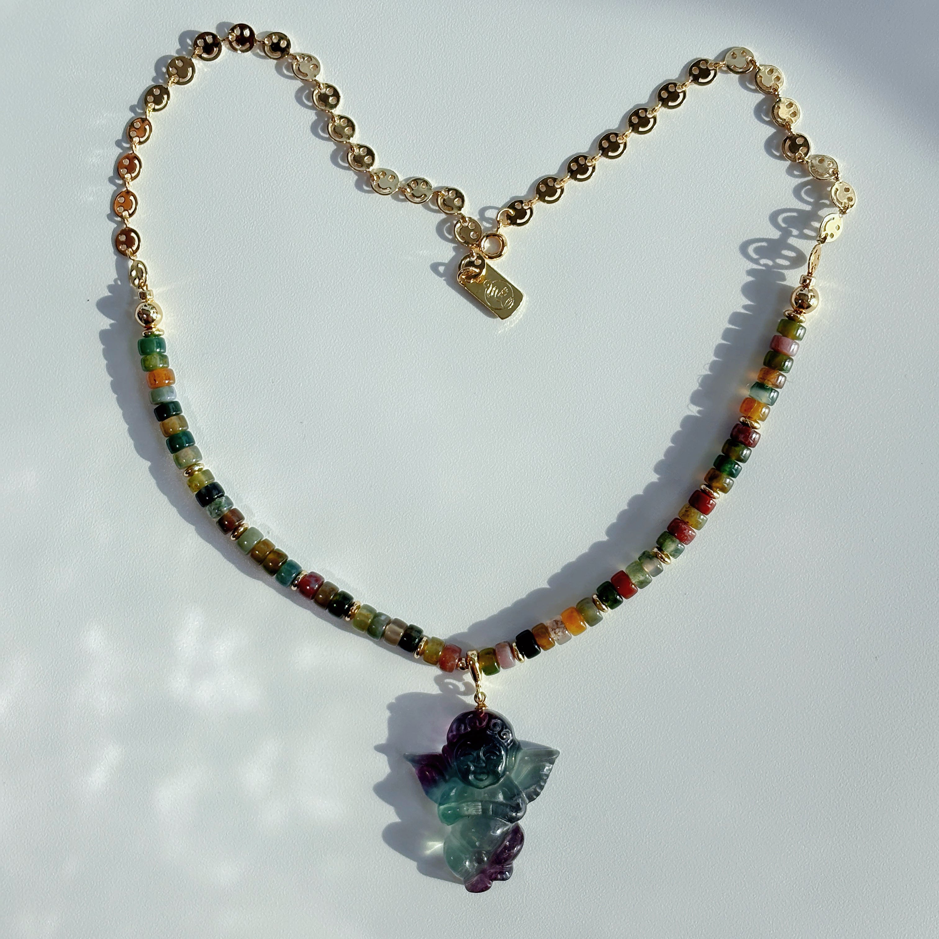Forest Guardian Angel Moss Agate Fluorite Crystal Necklace