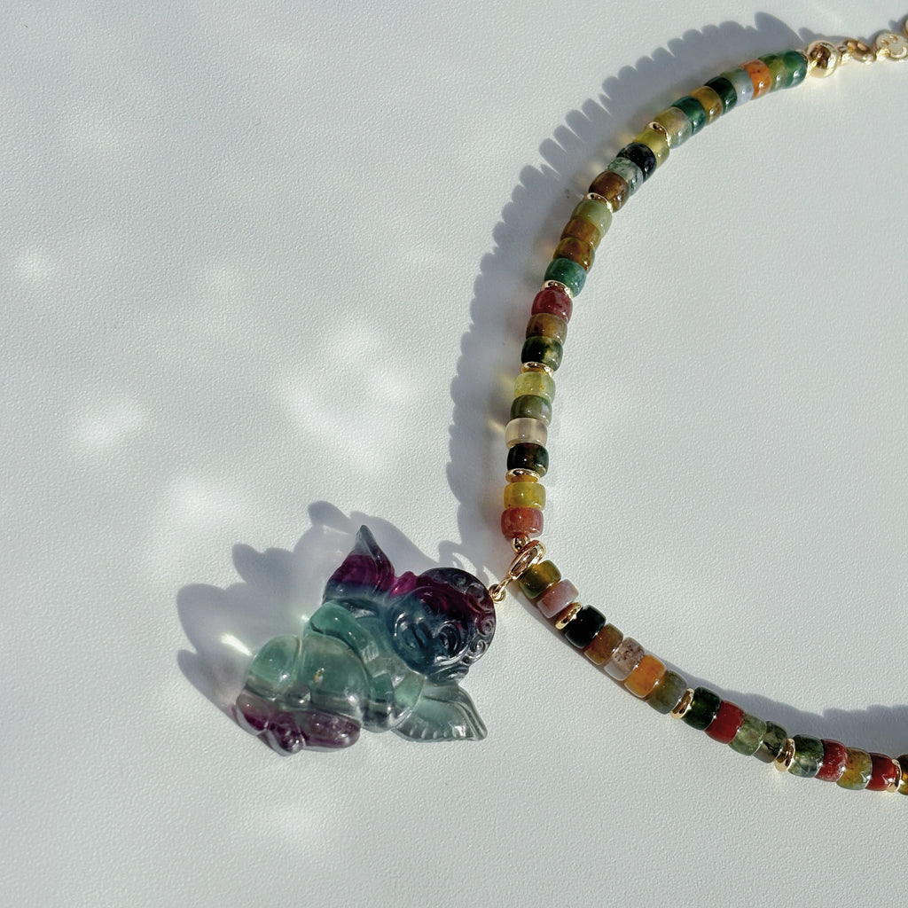 Forest Guardian Angel Moss Agate Fluorite Crystal Necklace