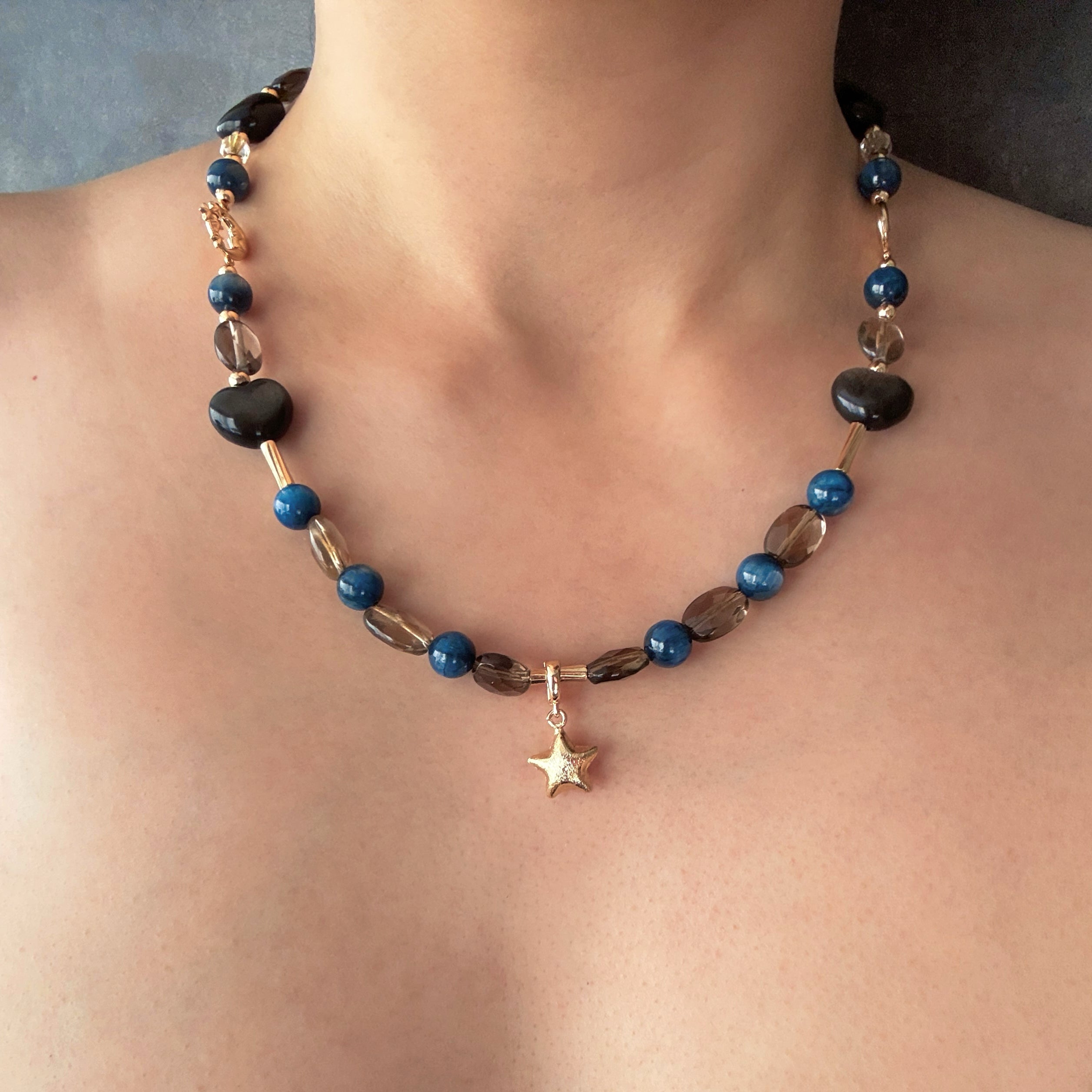 Starlit Silver Obsidian Blue Kyanite Guardian Necklace