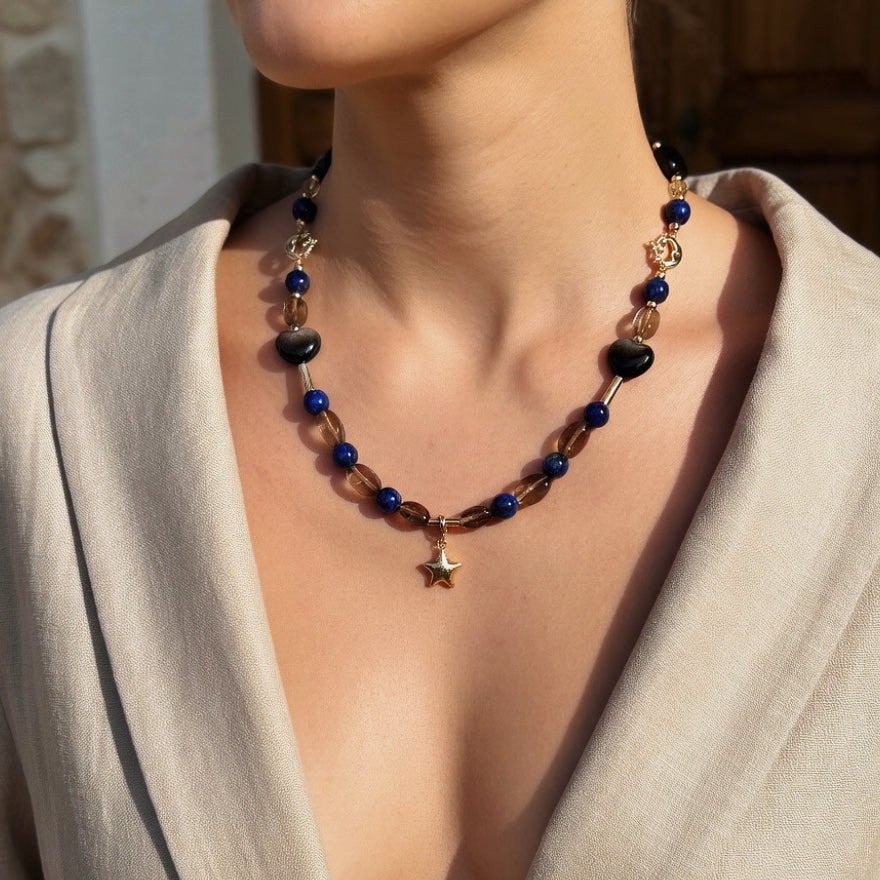 Sentinel Starlit Silver Obsidian Blue Kyanite Guardian Necklace