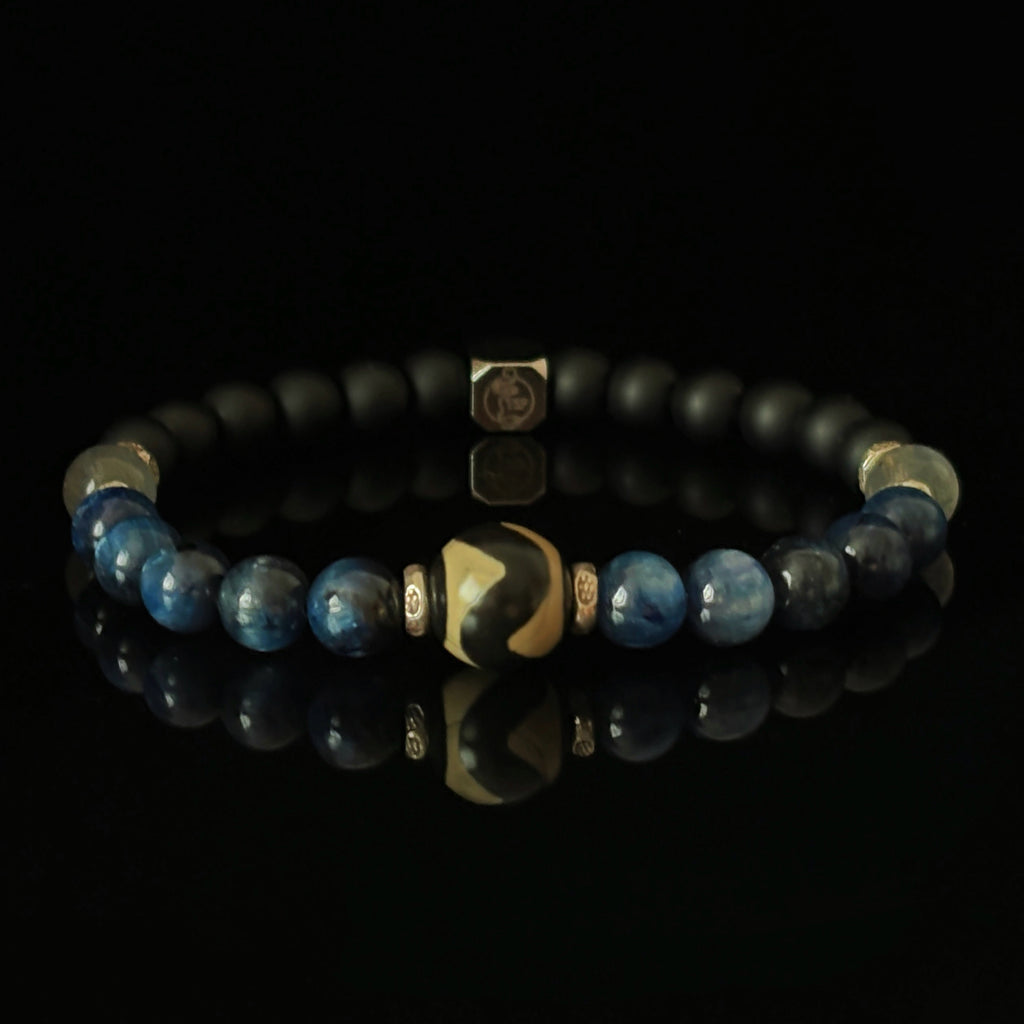 Mystic Himalayan Ring of Kailash Kyanite Obsidian Tibetan Dzi Bead Bracelet