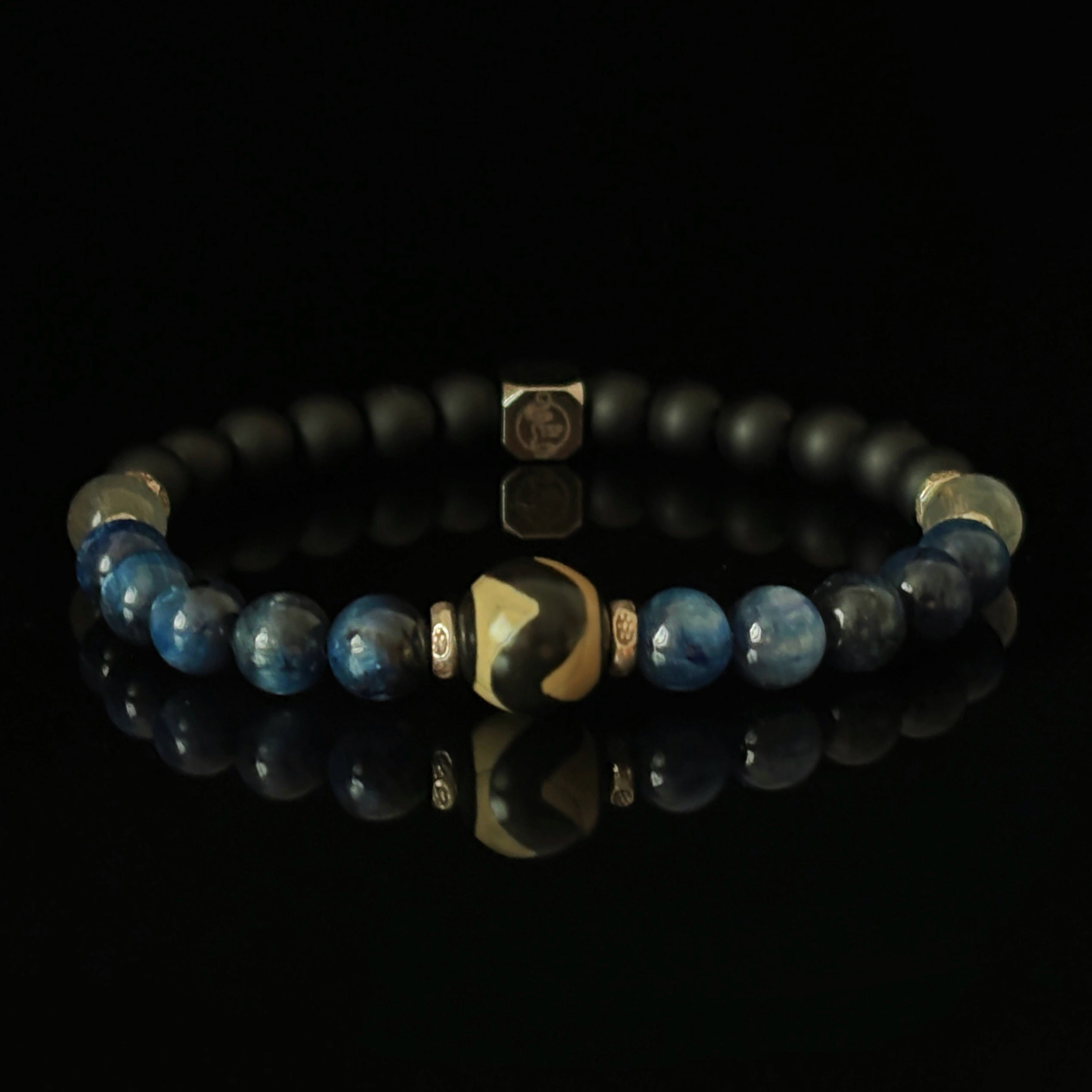 Mystic Himalayan Ring of Kailash Kyanite Obsidian Tibetan Dzi Bead Bracelet