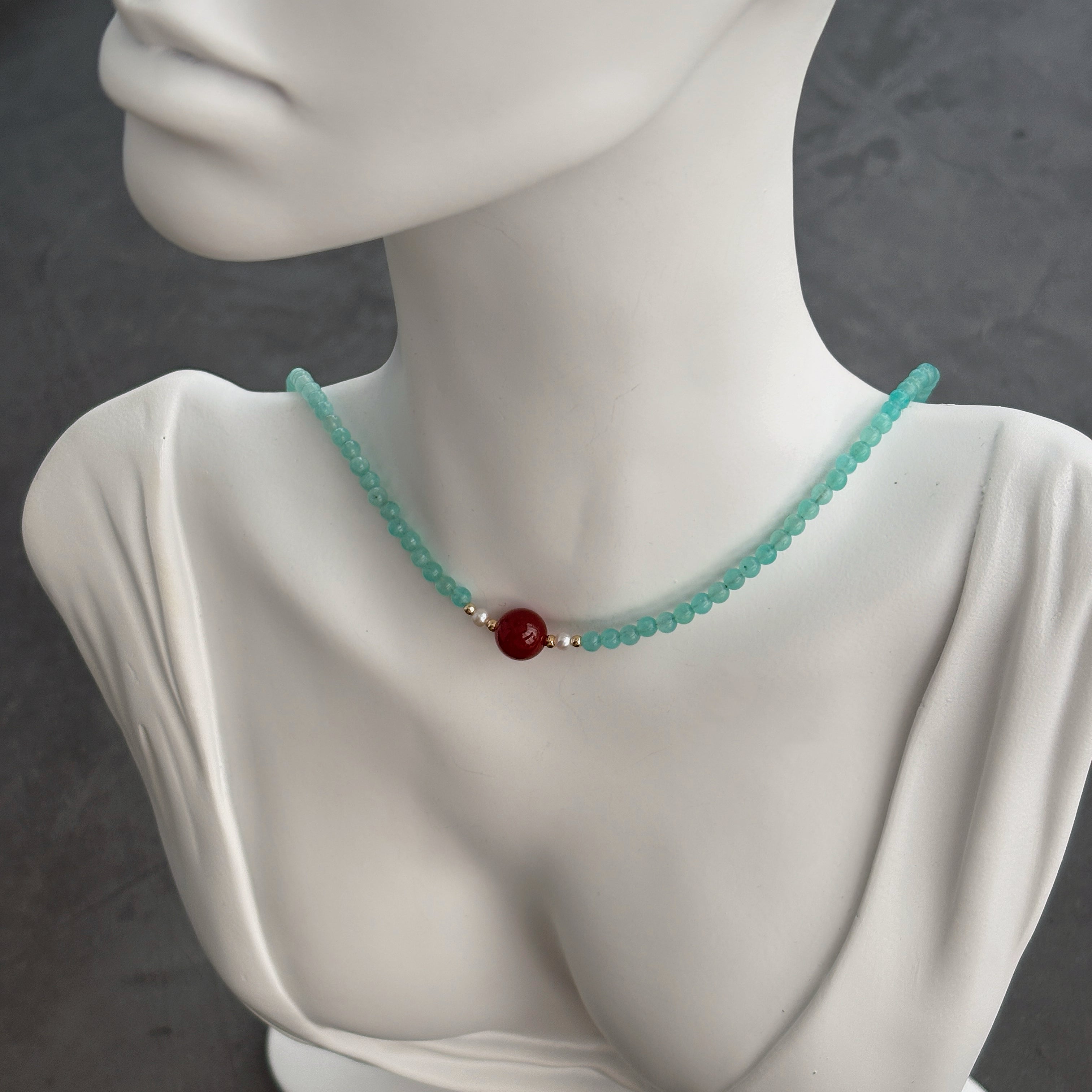 Heart Of Yamdrok Amazonite Garnet  Necklace