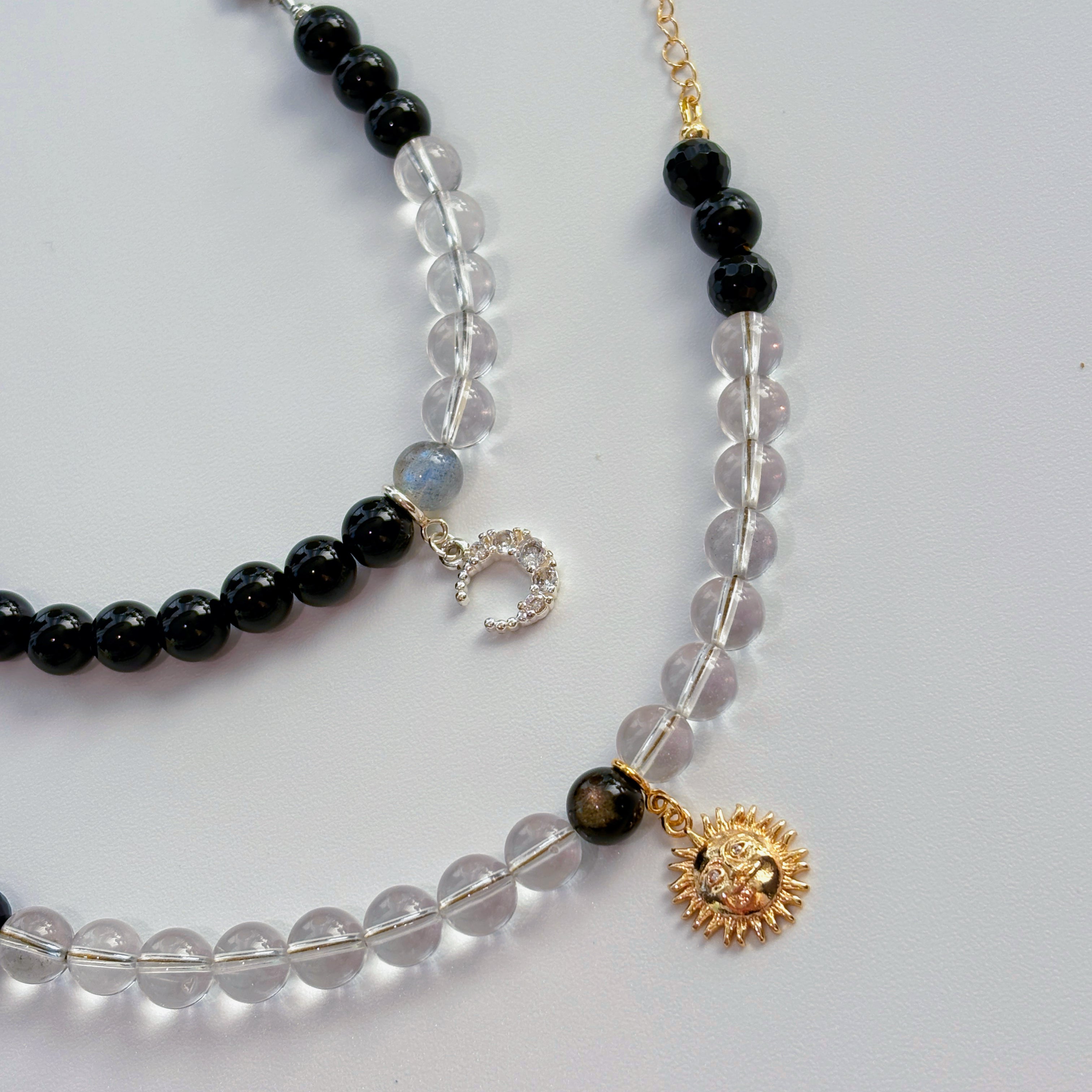 Solar Yang × Lunar Yin Black Onyx Obsidian Clear Quartz & Blue Labradorite Couple Bracelets