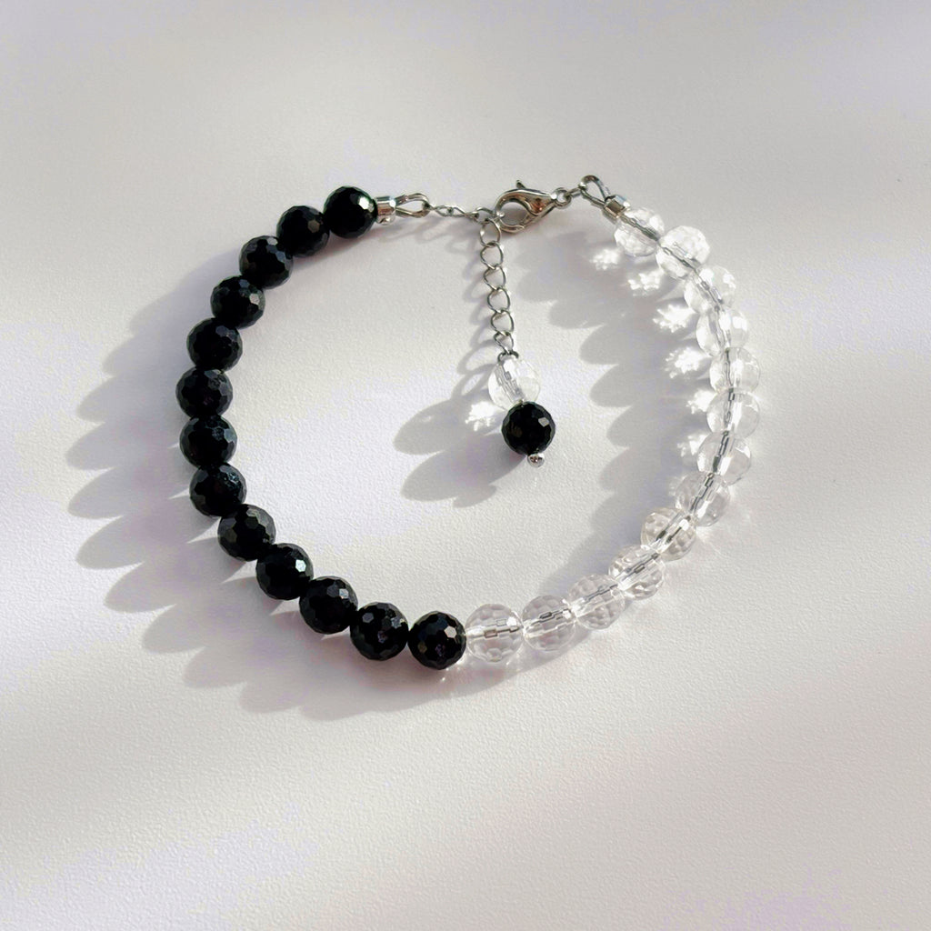 Yin & Yang Faceted Black Tourmaline Clear Quartz Balance Bracelet