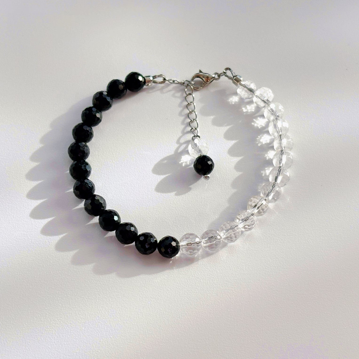 Yin & Yang Faceted Black Tourmaline Clear Quartz Balance Bracelet