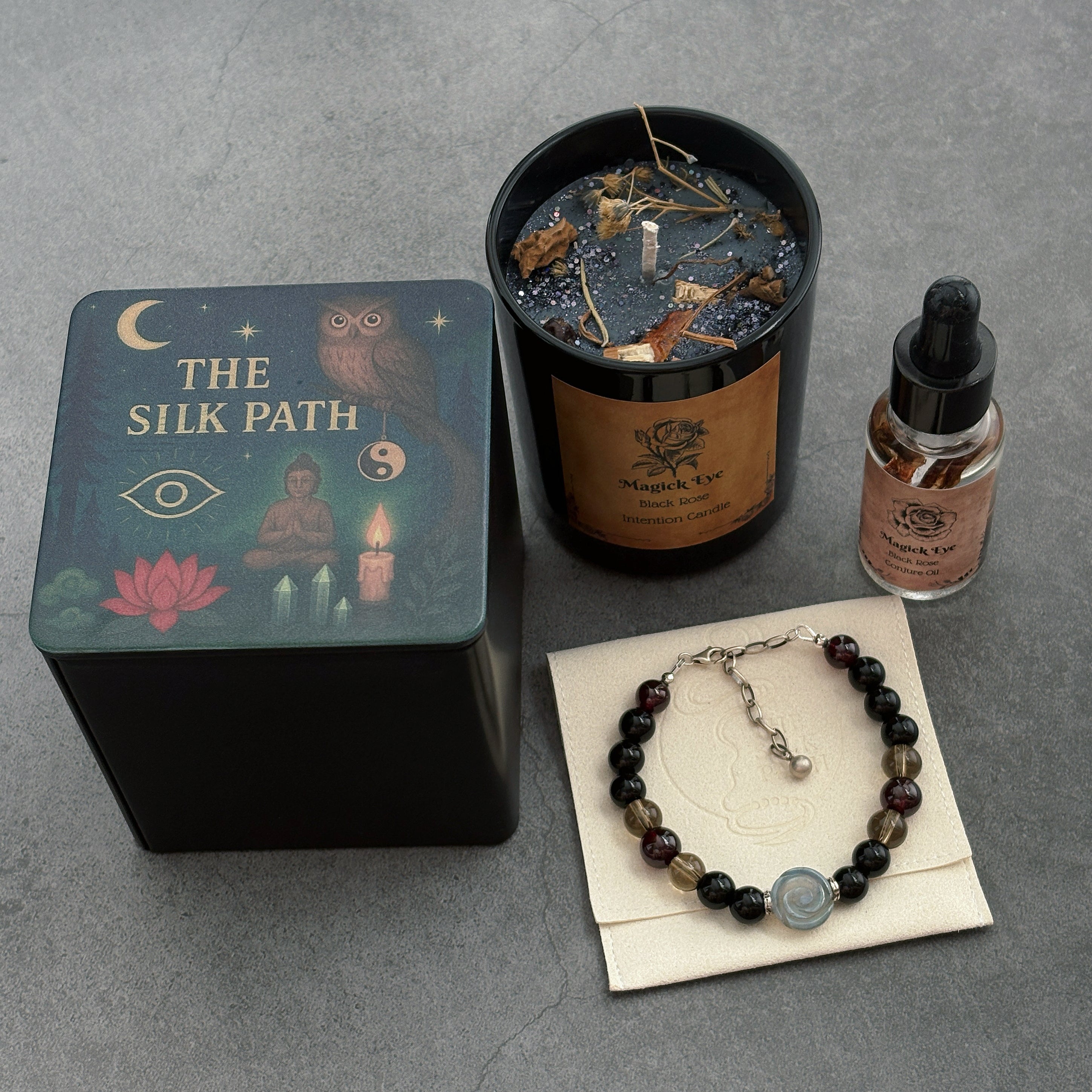 Black Rose Ritual Set Candle Botanical Oil Crystal Bracelet